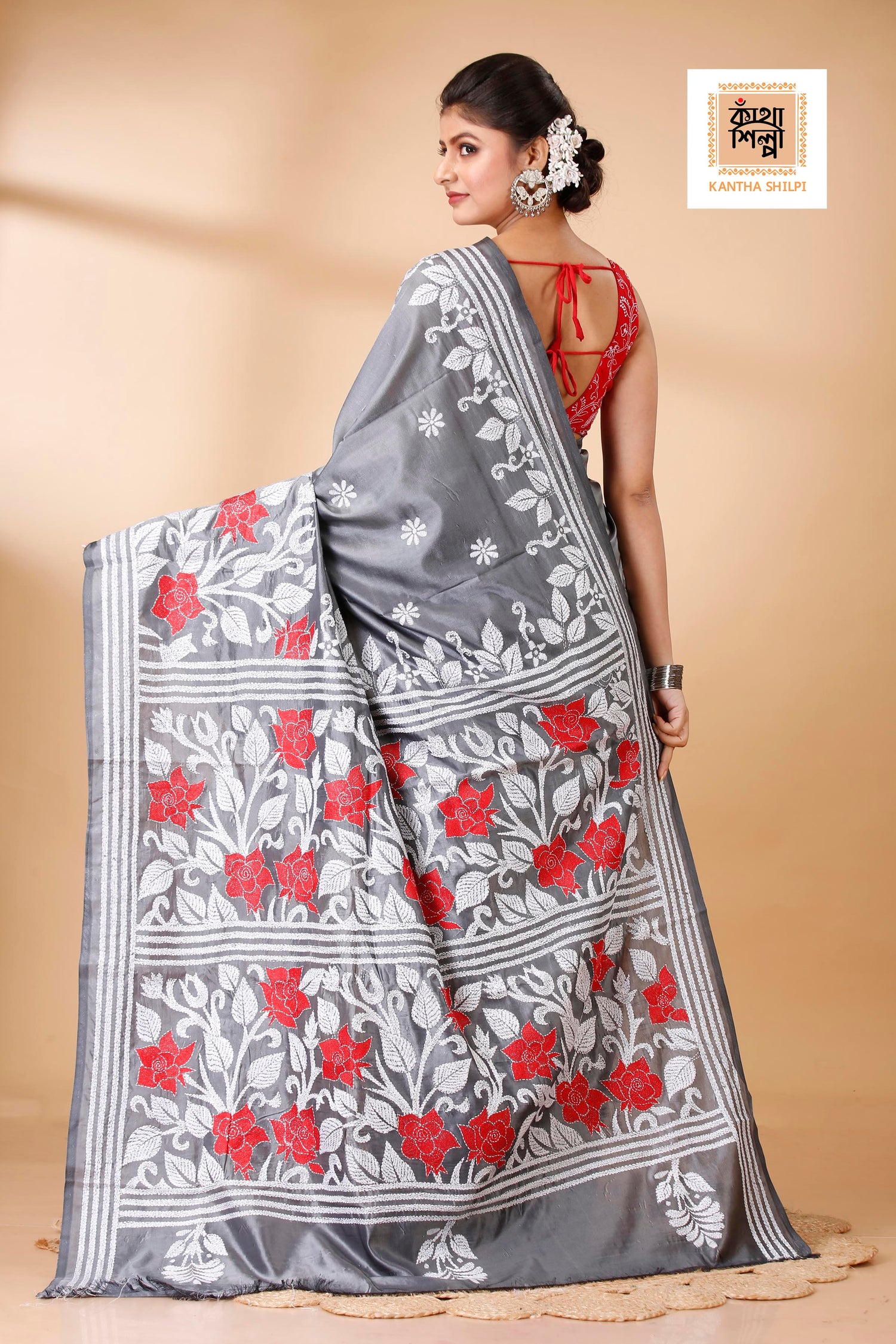 Bangalore Silk Red and White Thread Work Rose Floral Design Kantha Stitch Saree