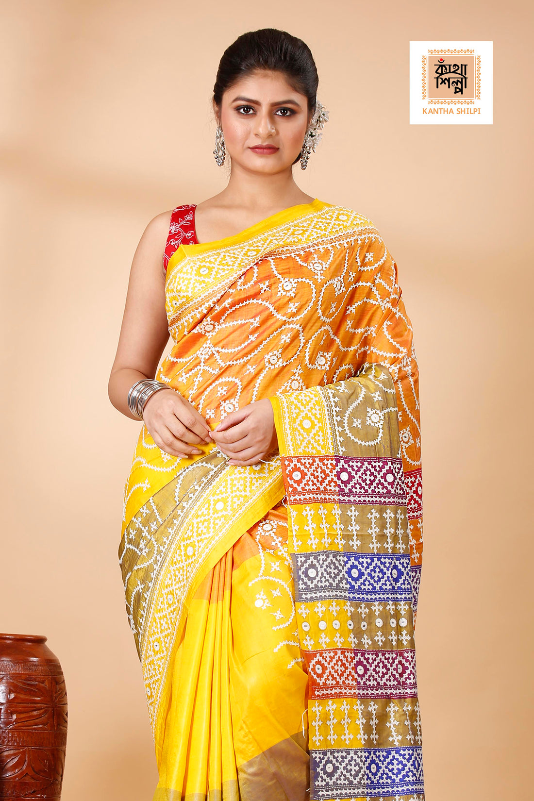 Pure 3D Bishnupuri Silk (Katan) White Color Thread Gujrati Stitch Saree