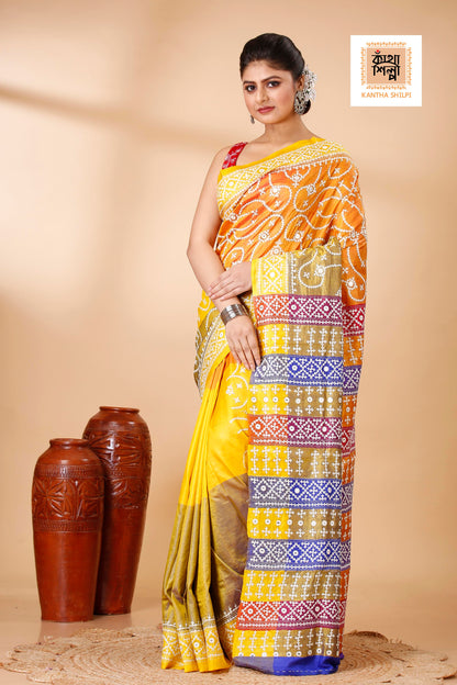 Pure 3D Bishnupuri Silk (Katan) White Color Thread Gujrati Stitch Saree