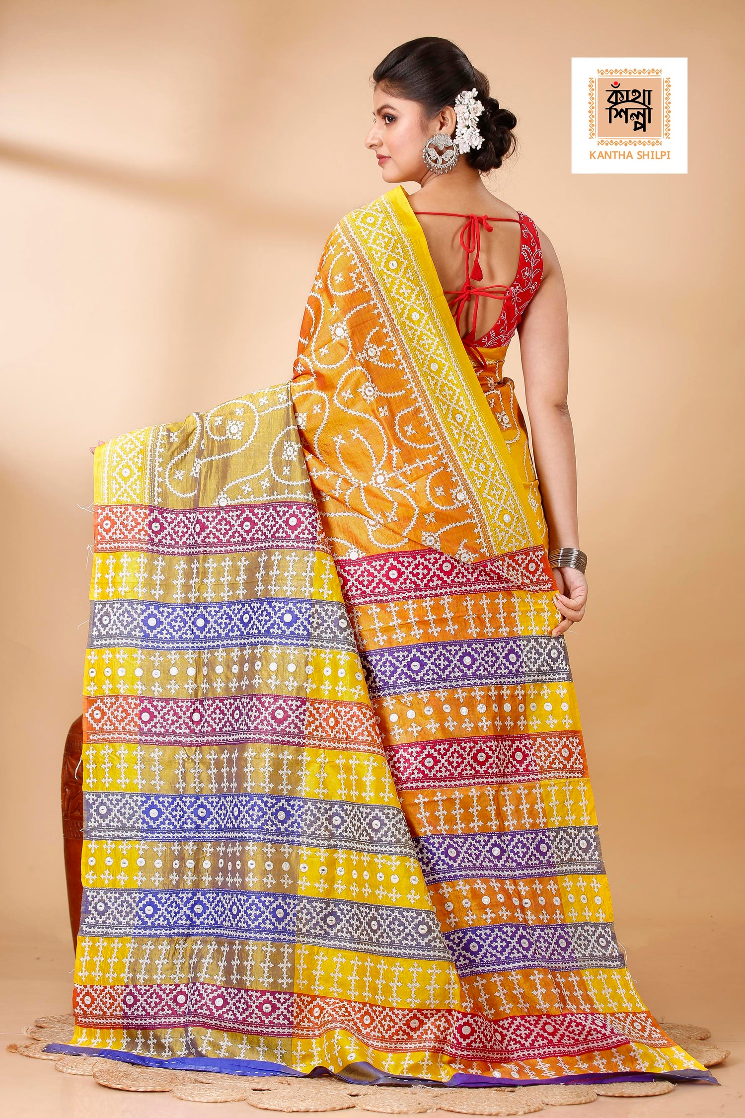 Pure 3D Bishnupuri Silk (Katan) White Color Thread Gujrati Stitch Saree