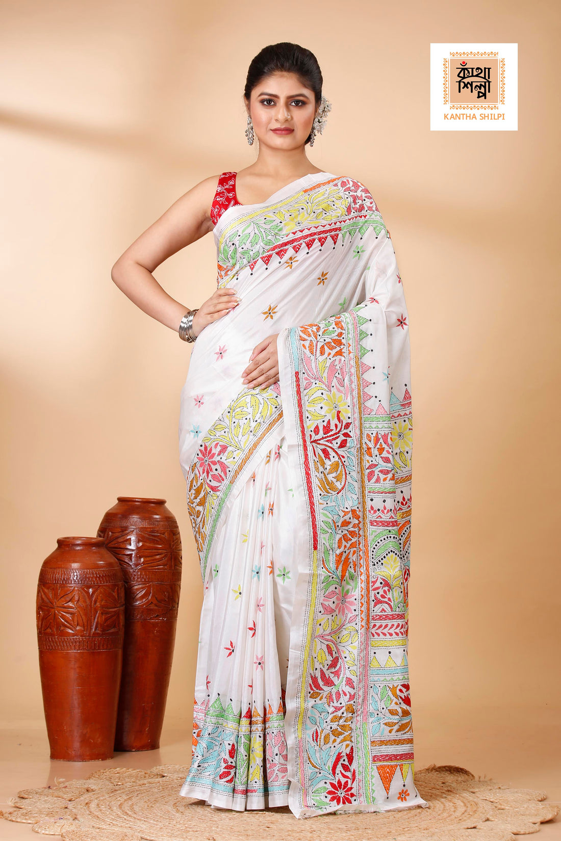 Bangalore Silk Multicolor Thread Work Traditional Floral Motif Kantha Stitch Saree