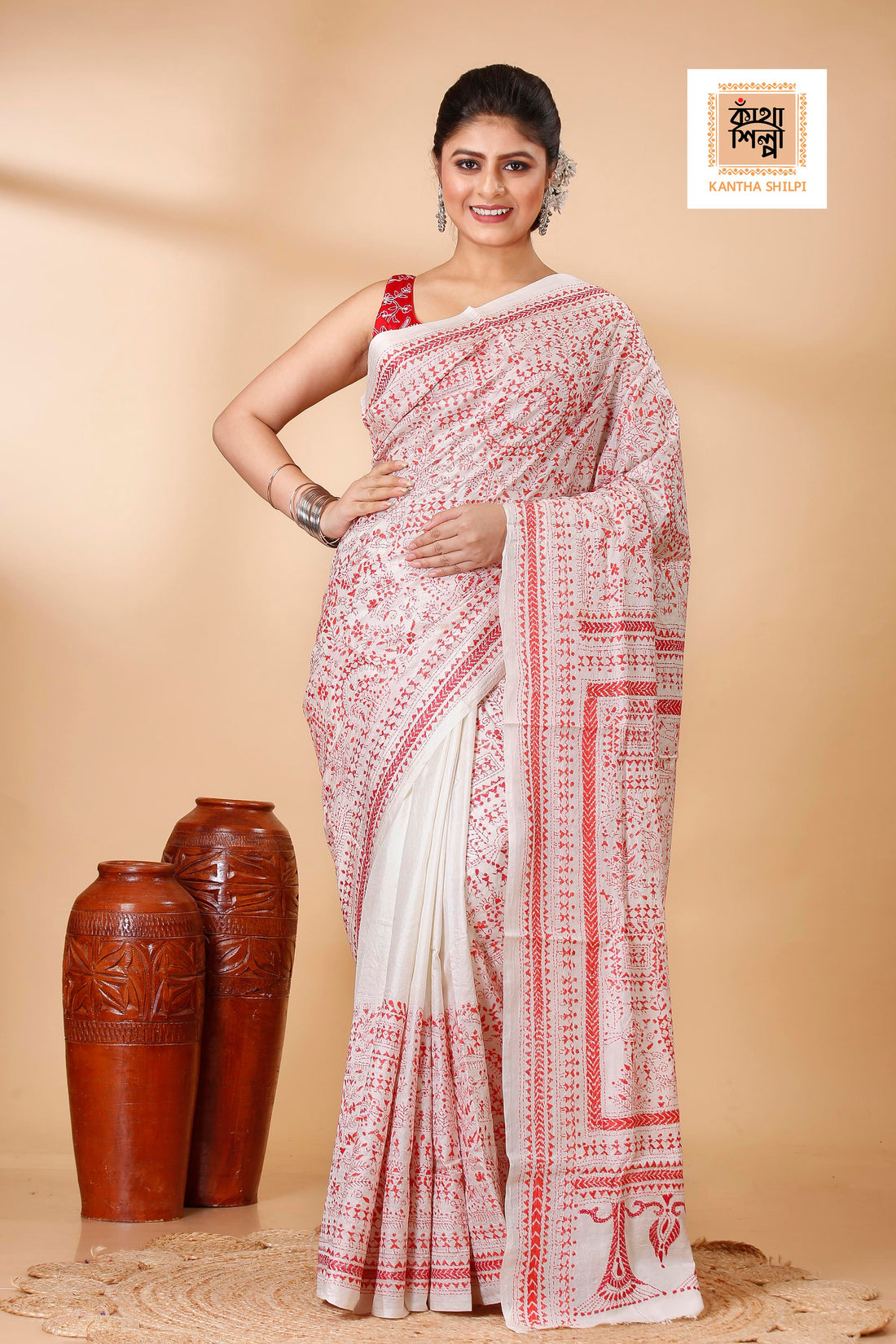 White Pure Bangalore Silk Red Thread Work Warli Motif Kantha Stitch Saree