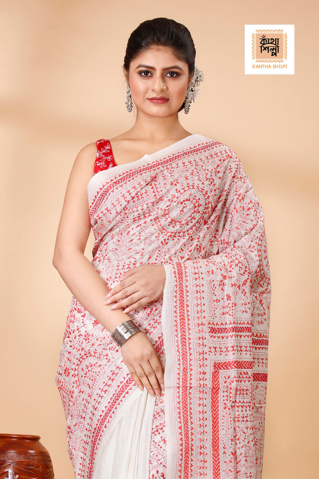 White Pure Bangalore Silk Red Thread Work Warli Motif Kantha Stitch Saree