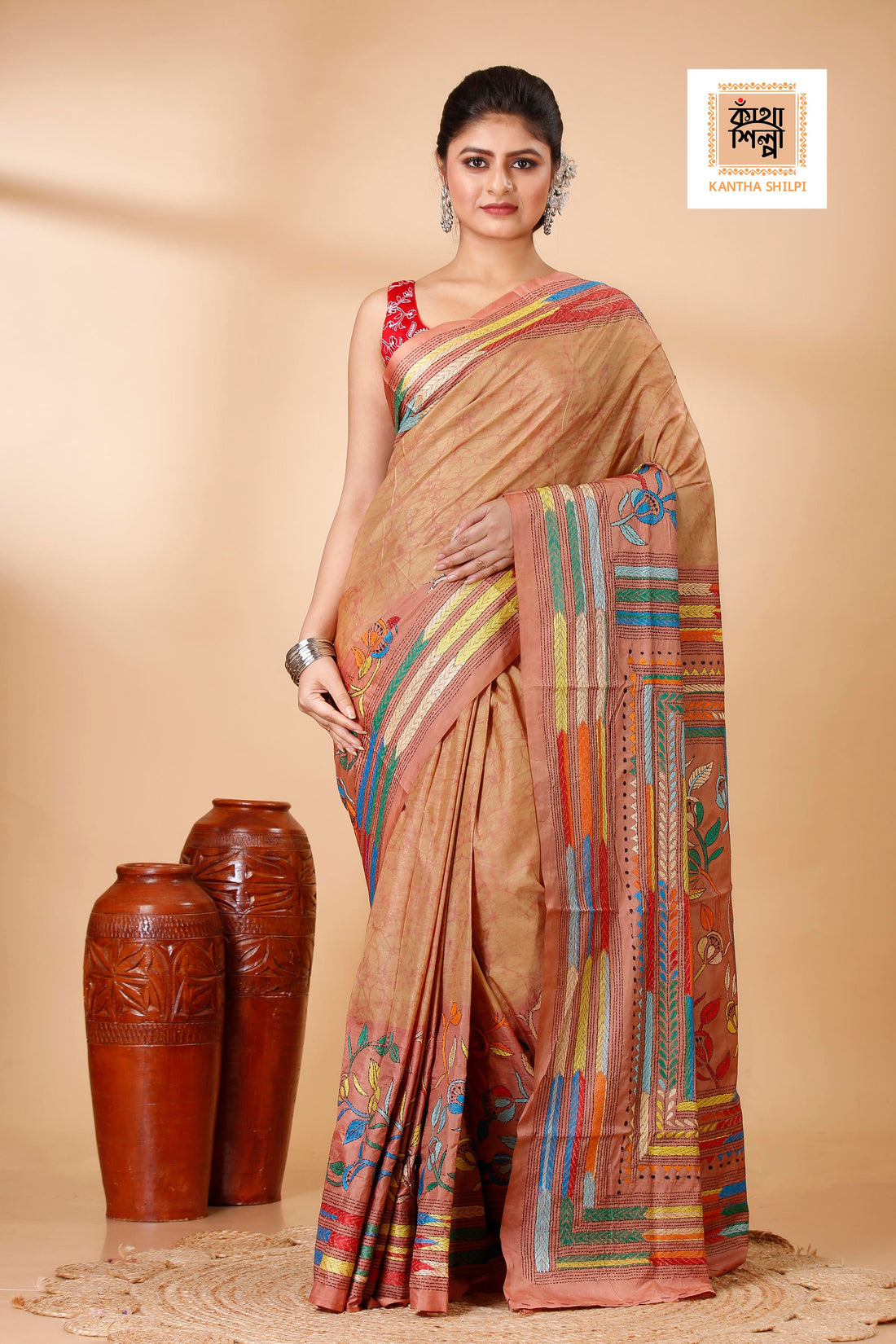 Bangalore Silk Multicolor Thread Work and Hand Batik Kantha Stitch Saree