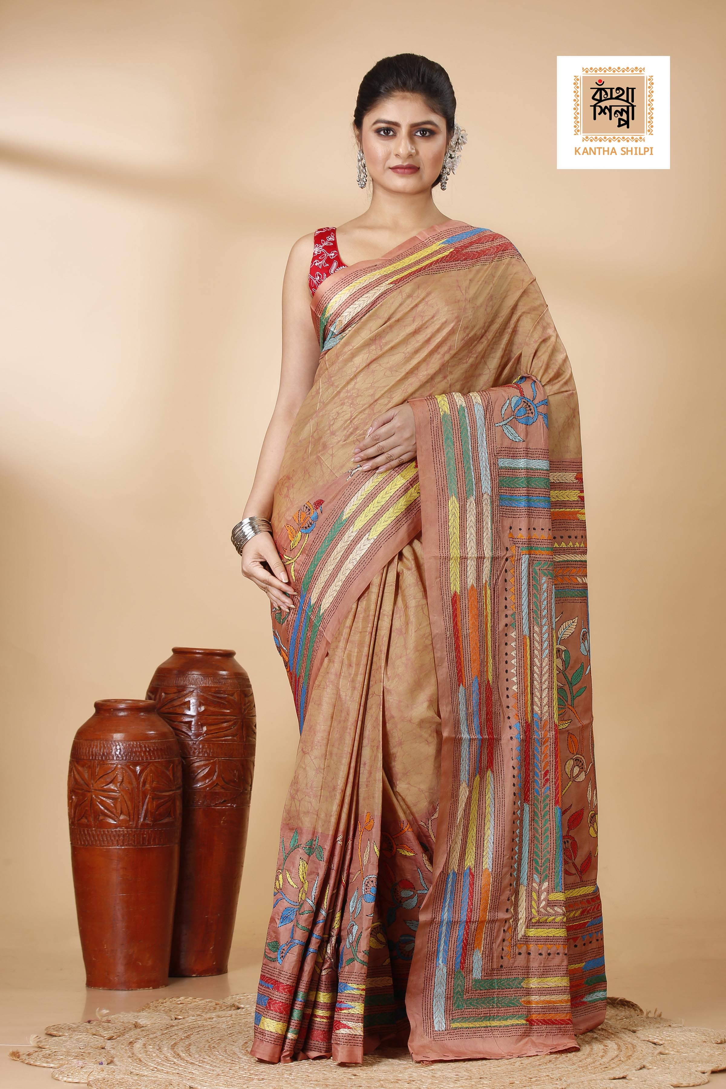 Bangalore Silk Multicolor Thread Work and Hand Batik Kantha Stitch Saree