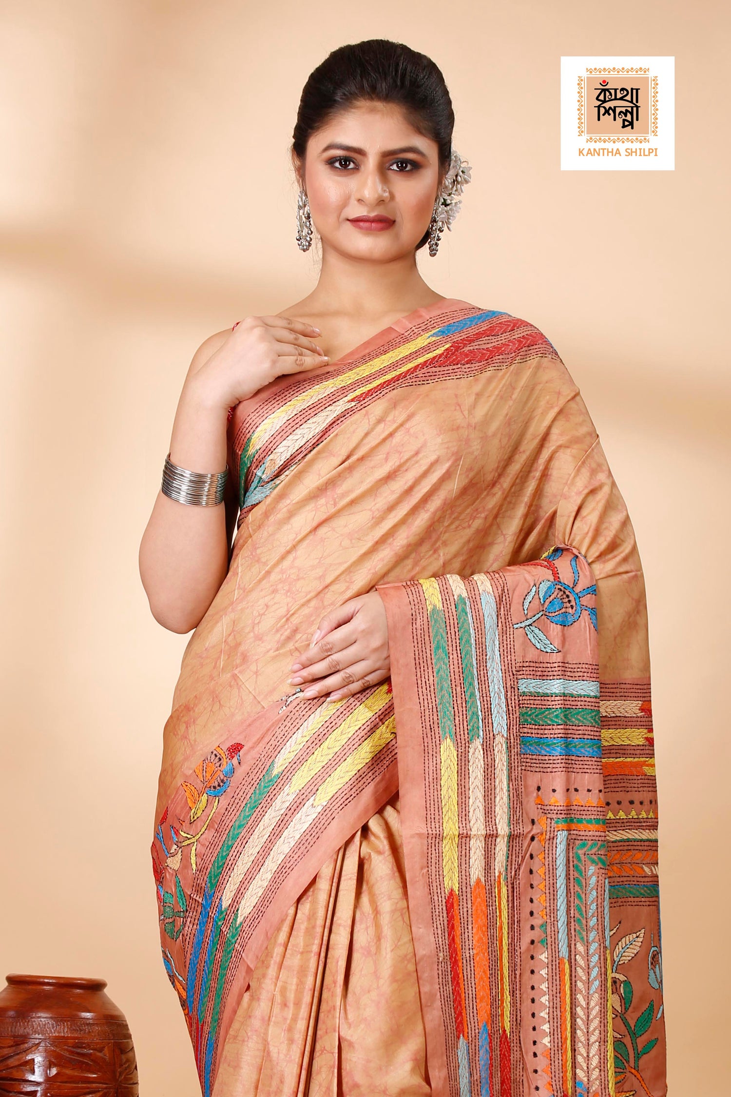 Bangalore Silk Multicolor Thread Work and Hand Batik Kantha Stitch Saree