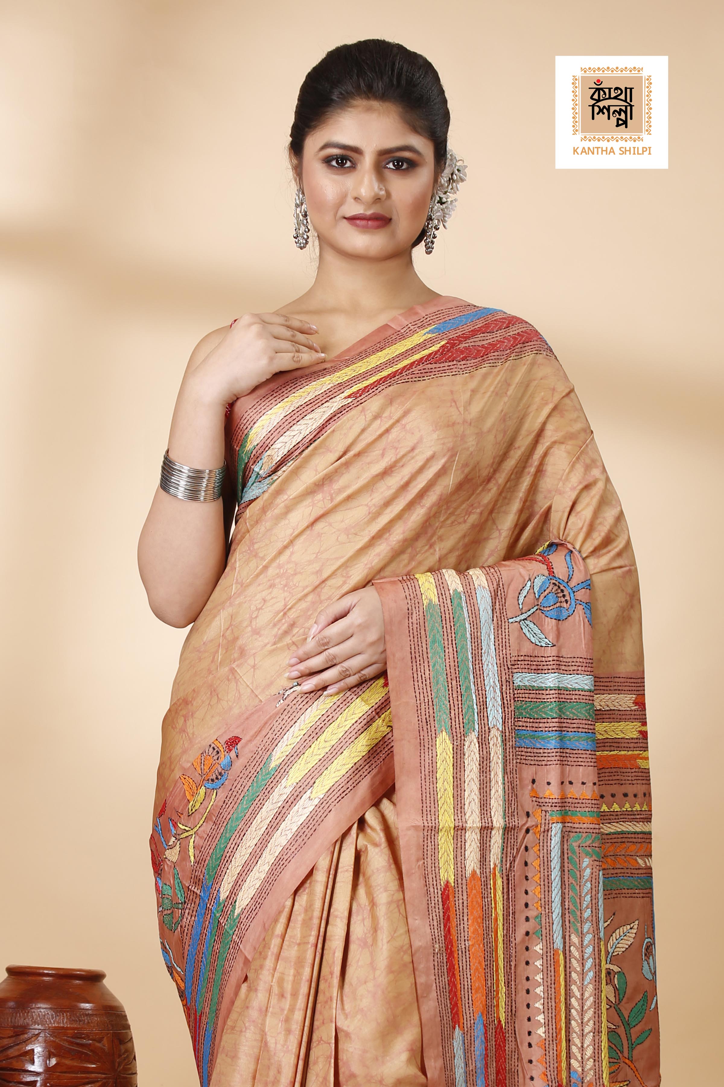 Bangalore Silk Multicolor Thread Work and Hand Batik Kantha Stitch Saree