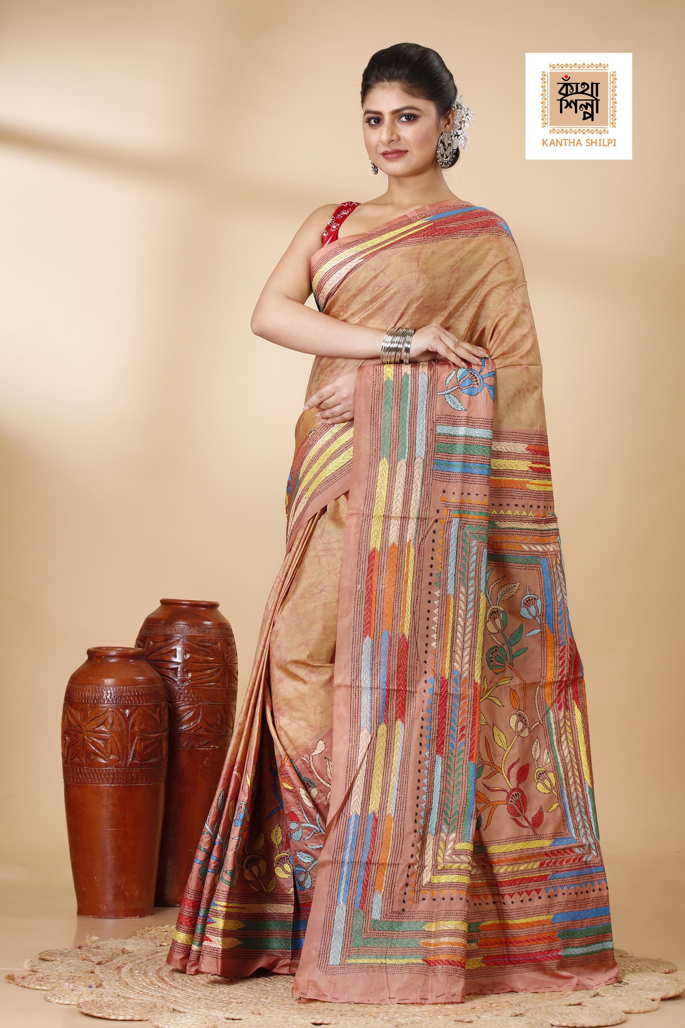 Bangalore Silk Multicolor Thread Work and Hand Batik Kantha Stitch Saree