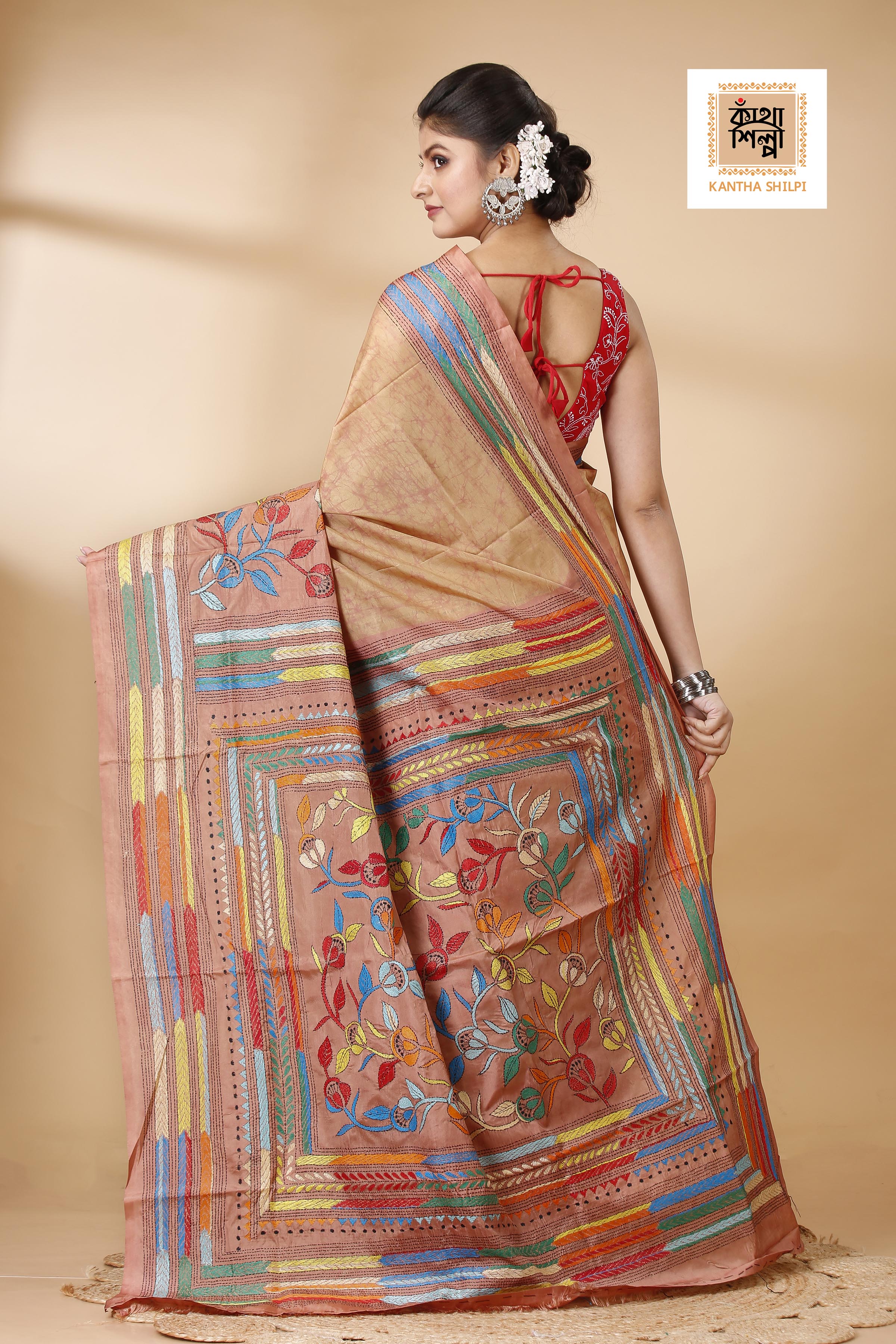 Bangalore Silk Multicolor Thread Work and Hand Batik Kantha Stitch Saree