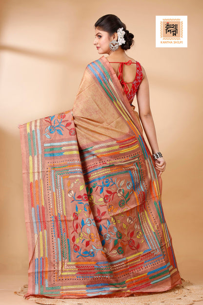 Bangalore Silk Multicolor Thread Work and Hand Batik Kantha Stitch Saree