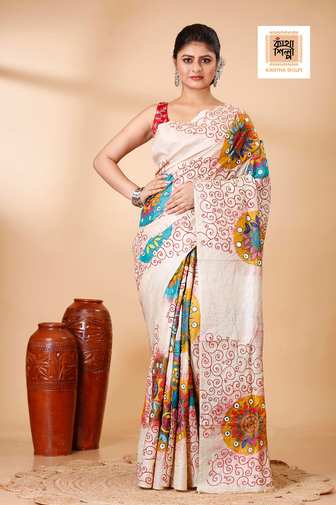 Gachi Tussar Multicolor Thread Work Abstract Line and Flower Motif Kantha Stitch Saree