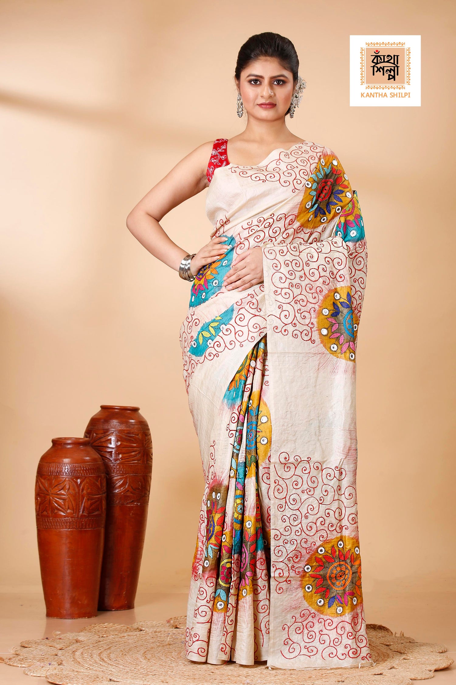 Gachi Tussar Multicolor Thread Work Abstract Line and Flower Motif Kantha Stitch Saree