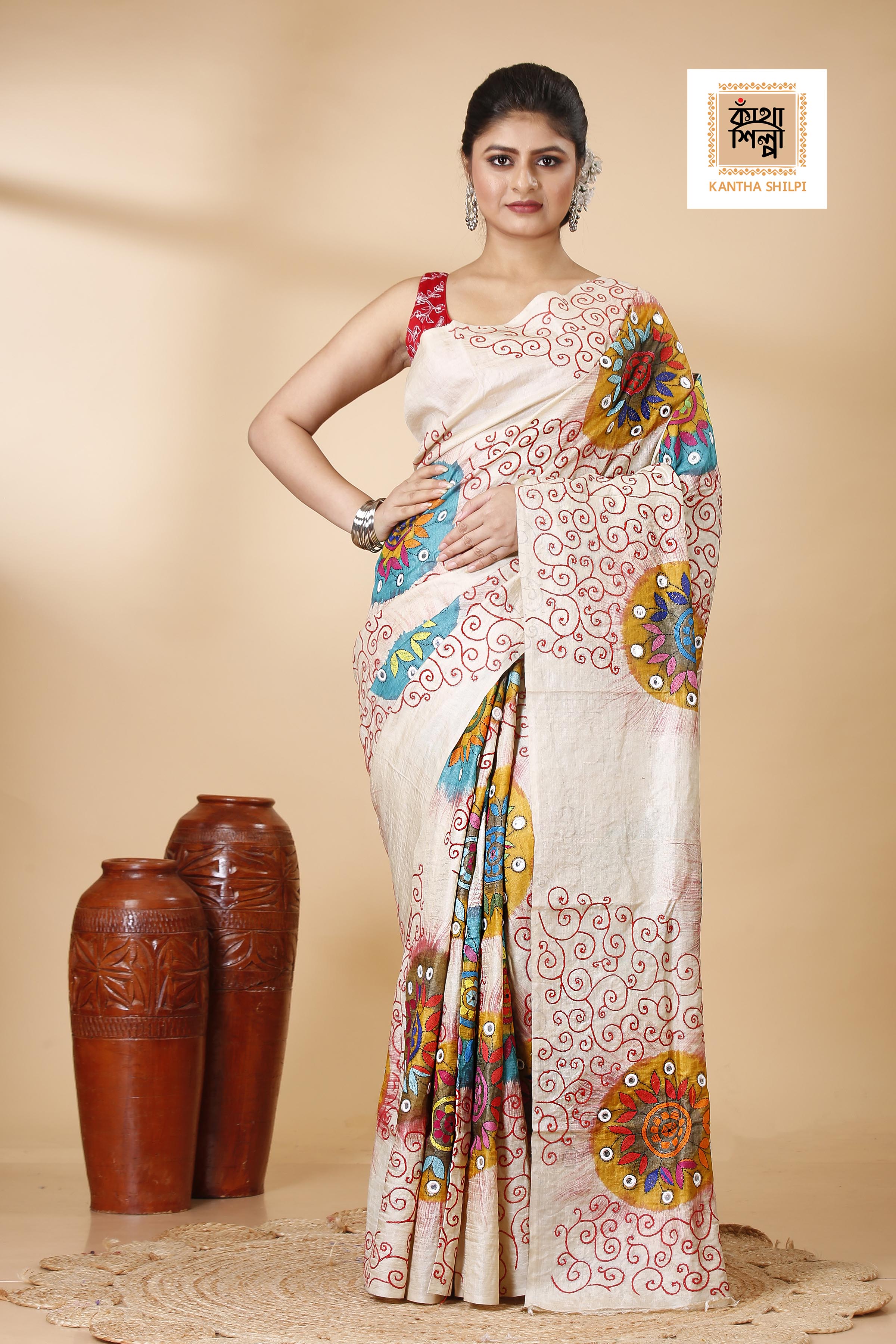 Gachi Tussar Multicolor Thread Work Abstract Line and Flower Motif Kantha Stitch Saree