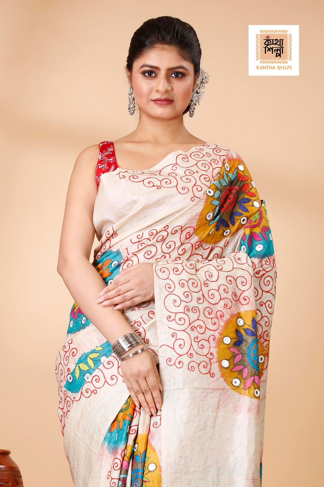 Gachi Tussar Multicolor Thread Work Abstract Line and Flower Motif Kantha Stitch Saree