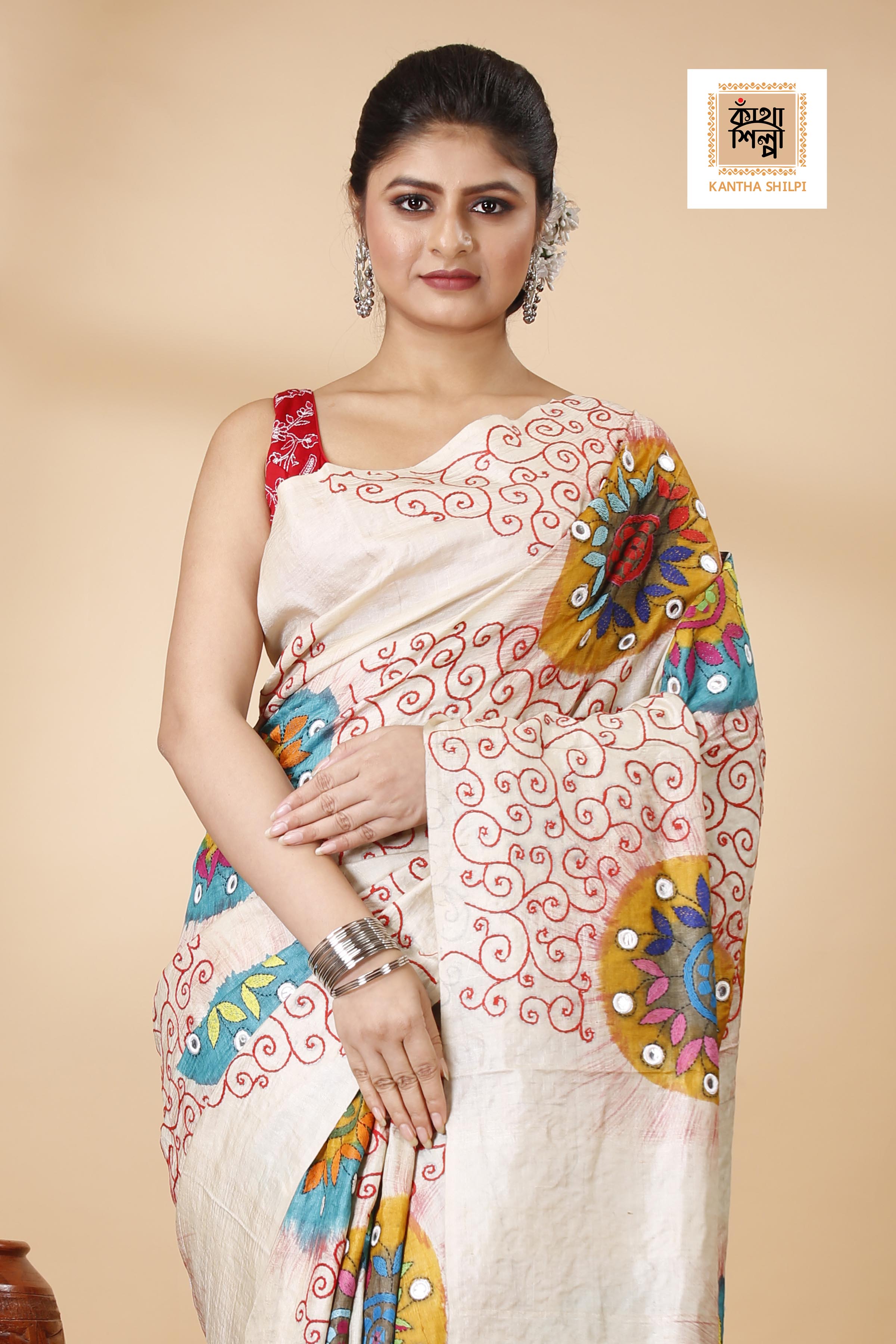 Gachi Tussar Multicolor Thread Work Abstract Line and Flower Motif Kantha Stitch Saree