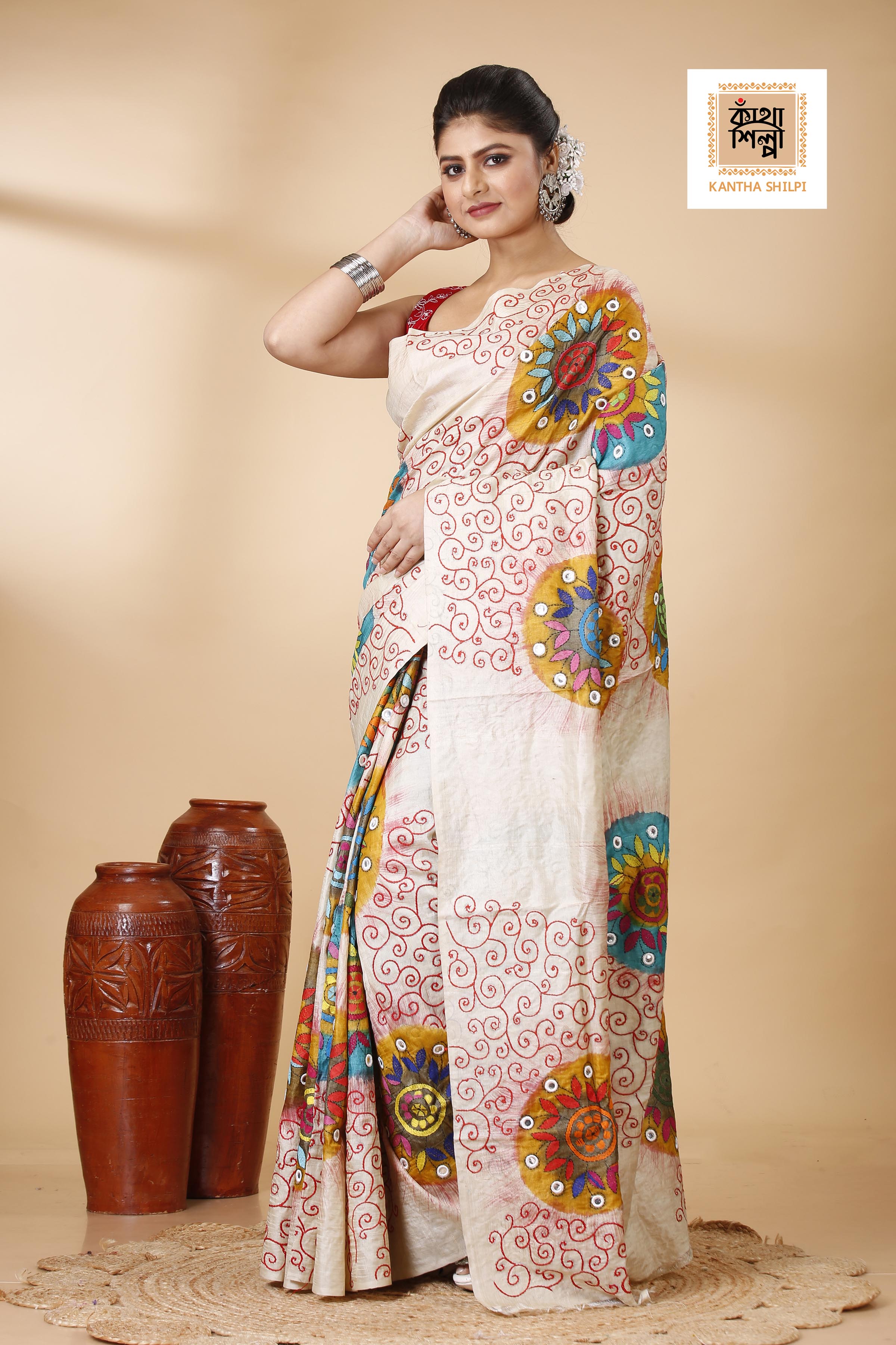 Gachi Tussar Multicolor Thread Work Abstract Line and Flower Motif Kantha Stitch Saree