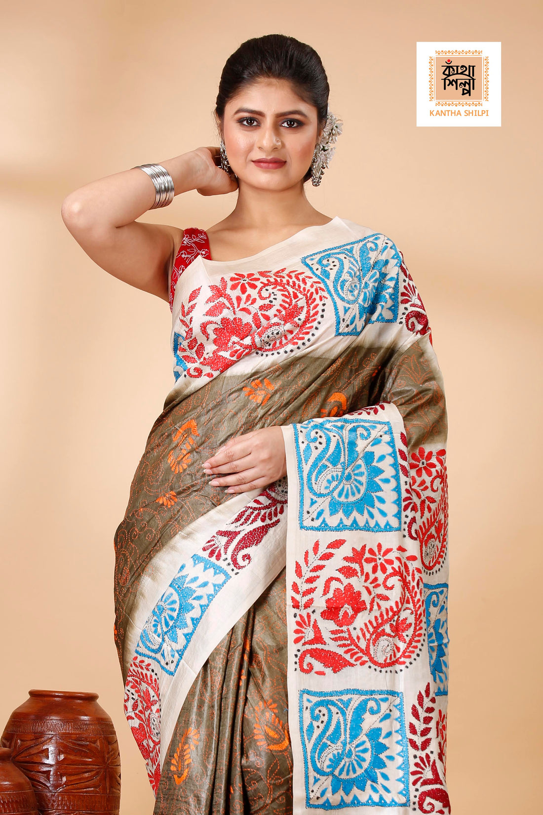 Brown Color Dye Tussar Tricolor Thread Work Kantha Stitch Saree