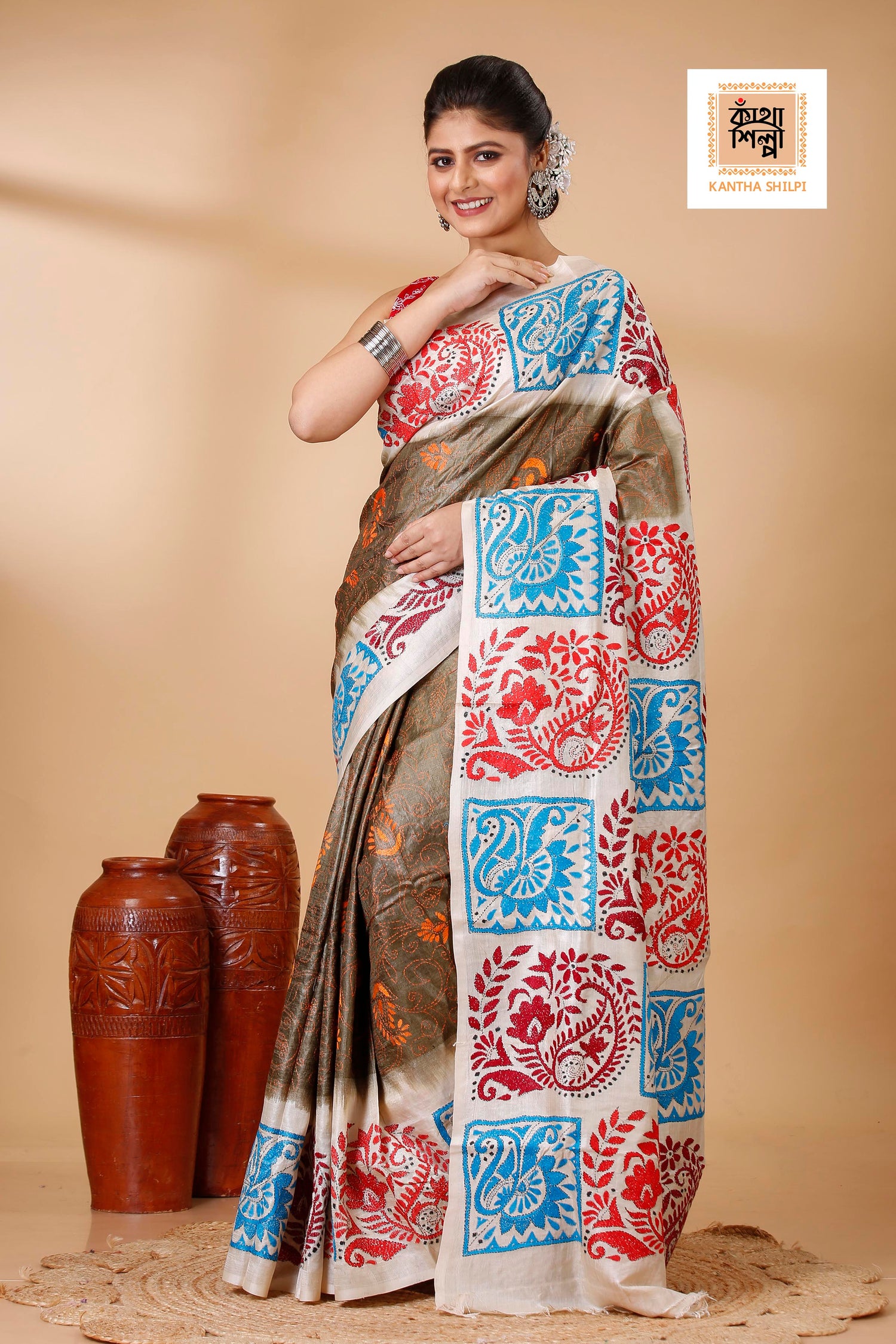 Brown Color Dye Tussar Tricolor Thread Work Kantha Stitch Saree