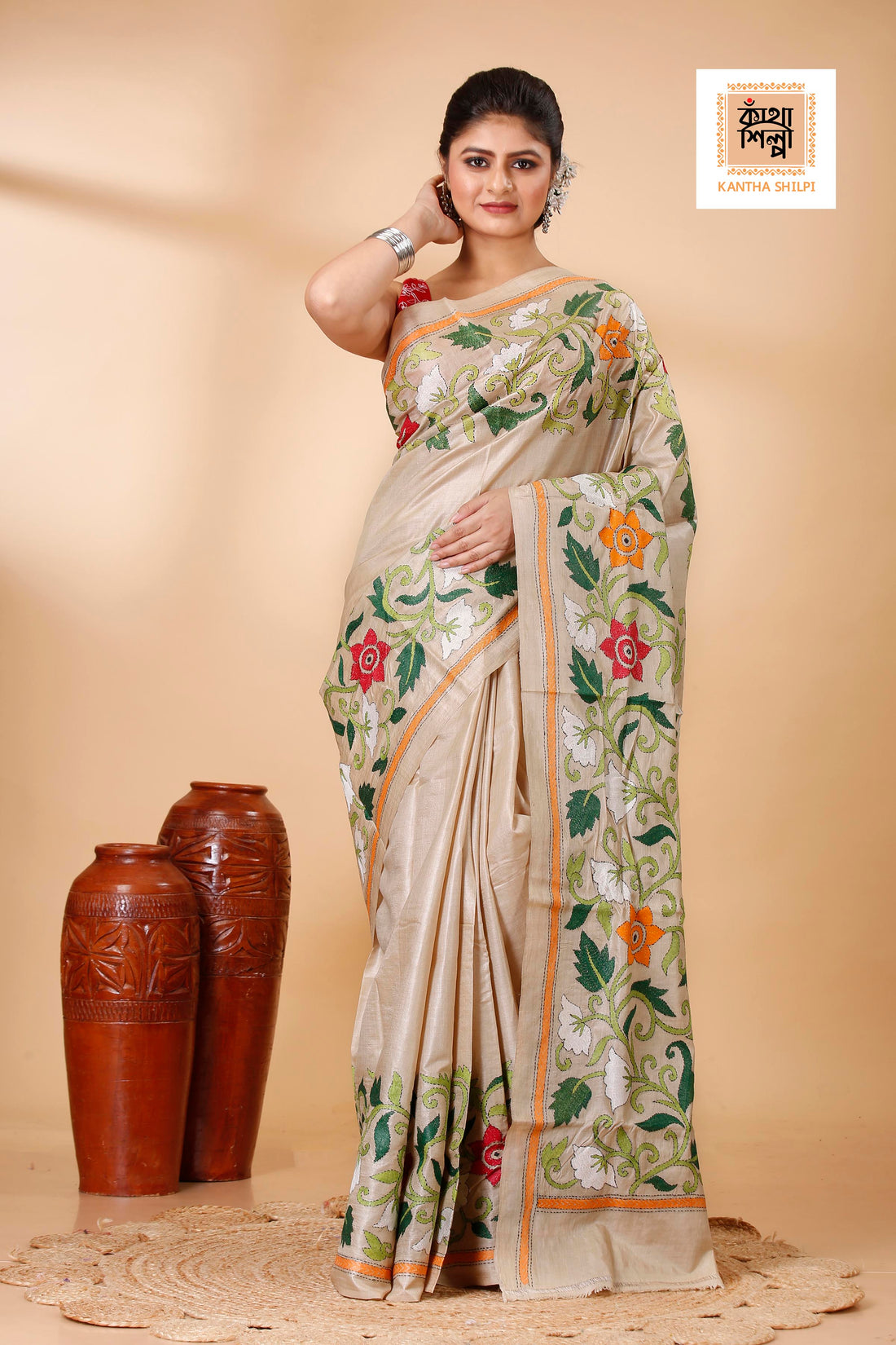 Gachi Tussar Multicolor Thread Work Peacock and Floral Motif Kantha Stitch Saree