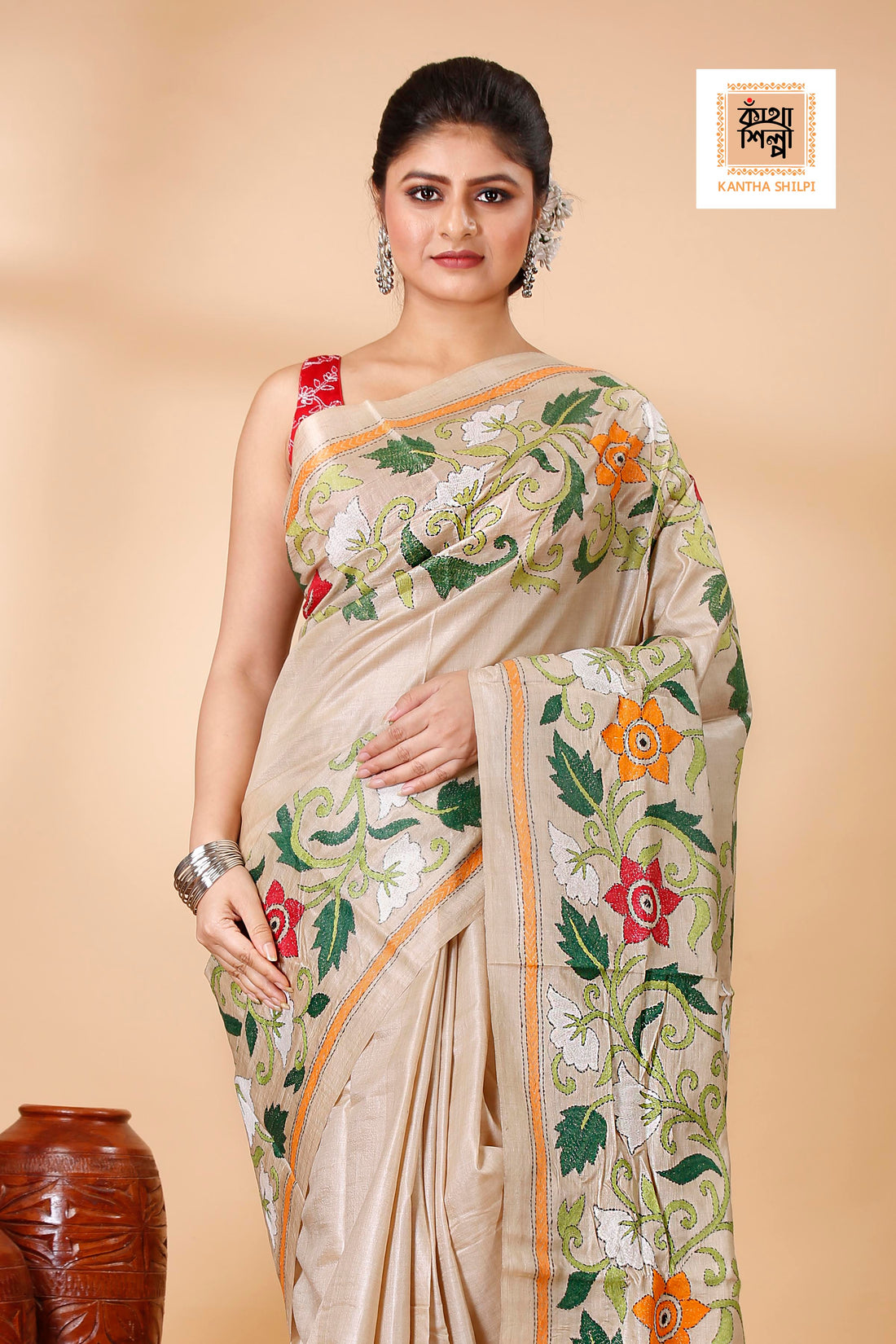 Gachi Tussar Multicolor Thread Work Peacock and Floral Motif Kantha Stitch Saree