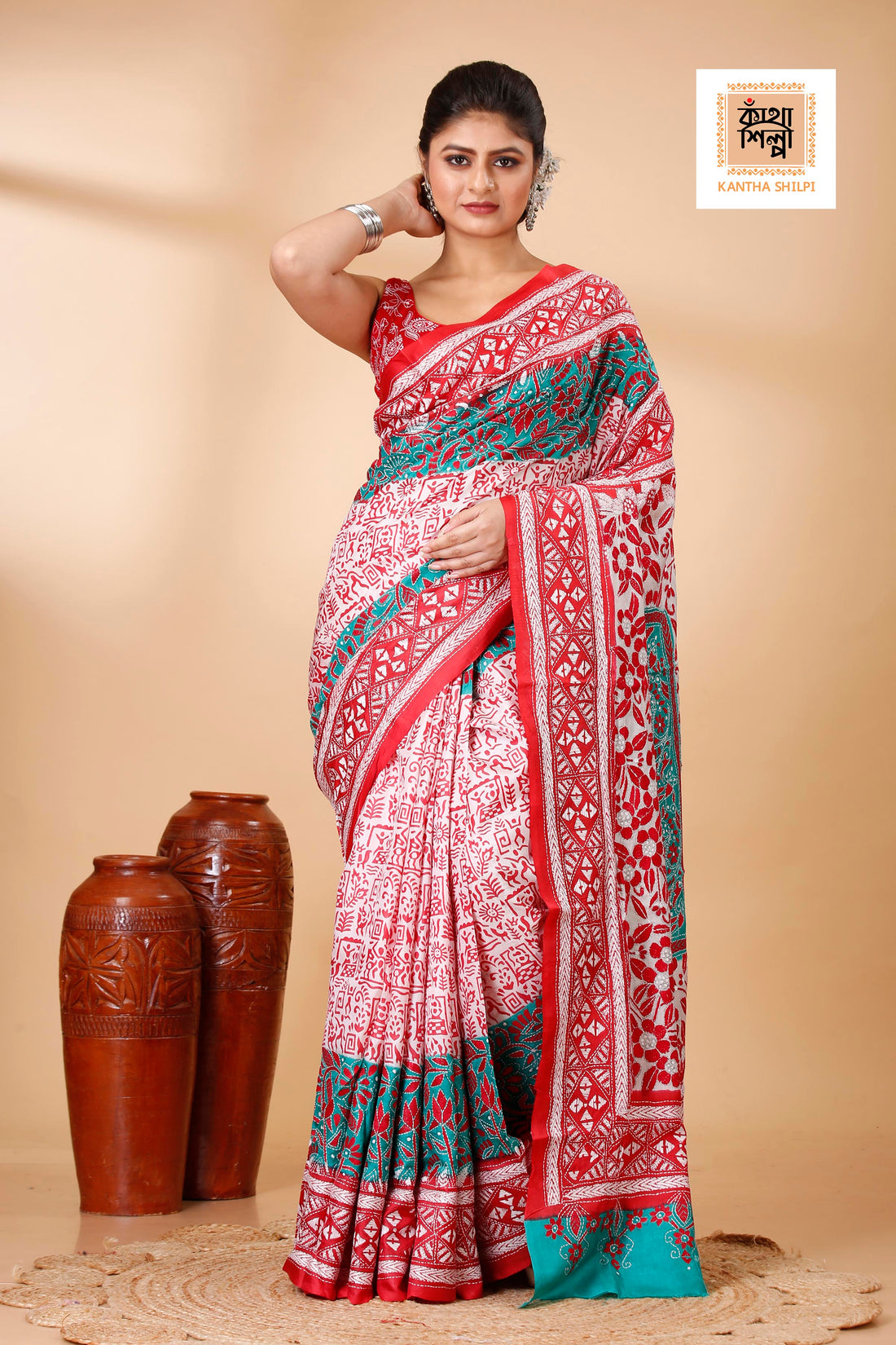 Pure Bangalore Silk Multicolor Thread Work Block and Geometric Pattern Kantha Stitch Fusion Saree
