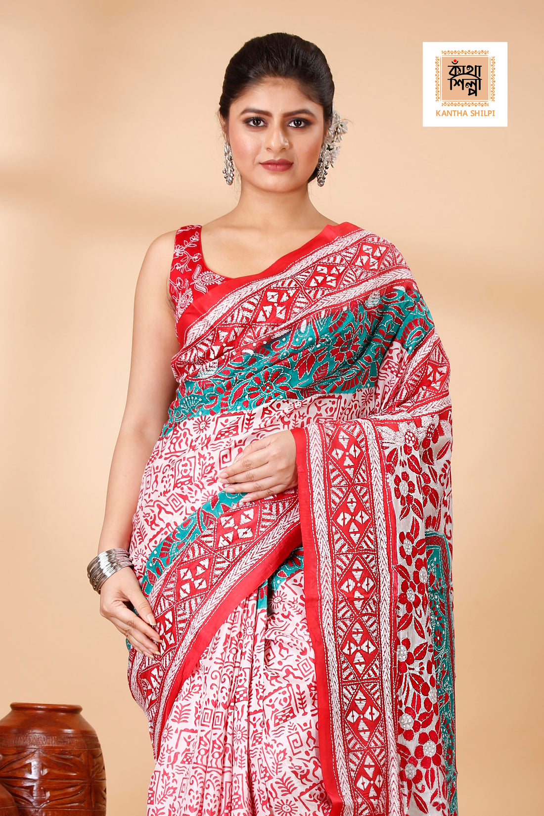 Pure Bangalore Silk Multicolor Thread Work Block and Geometric Pattern Kantha Stitch Fusion Saree