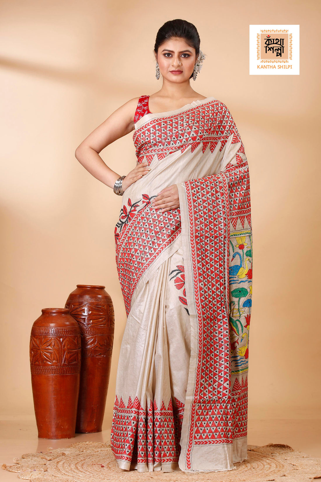 Gachi Tussar Multicolor Thread Work Floral and Geometric Design Kantha Stitch Saree