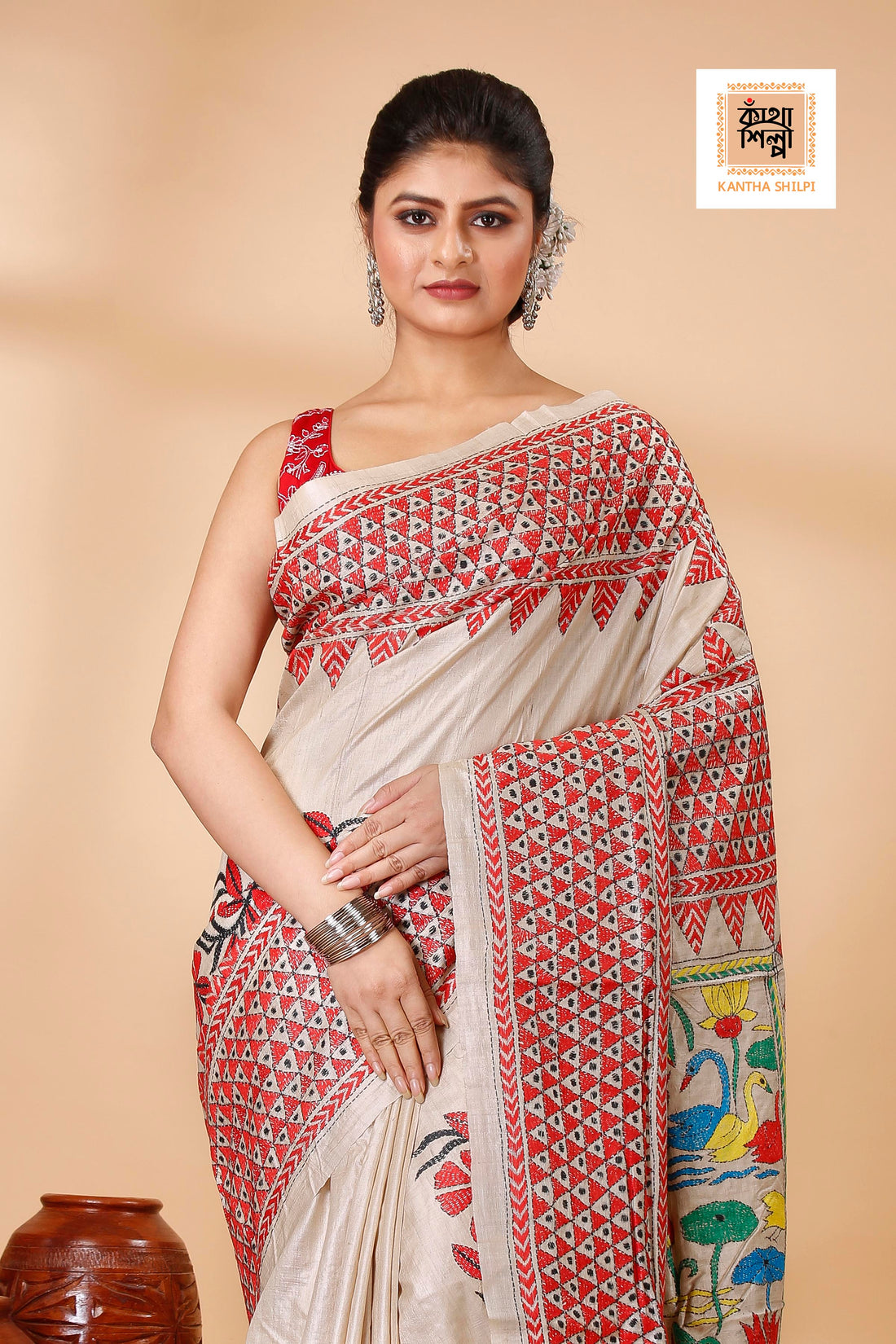 Gachi Tussar Multicolor Thread Work Floral and Geometric Design Kantha Stitch Saree