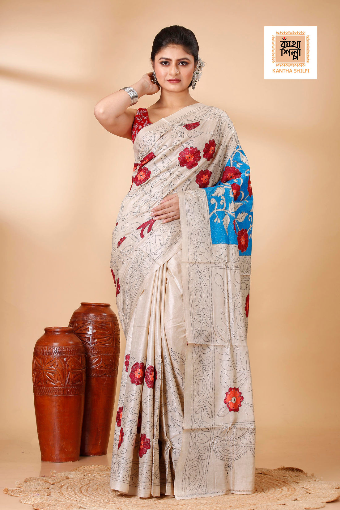 Gachi Tussar Multicolor Thread Work Peacock and Floral Revers Design Kantha Stitch Saree