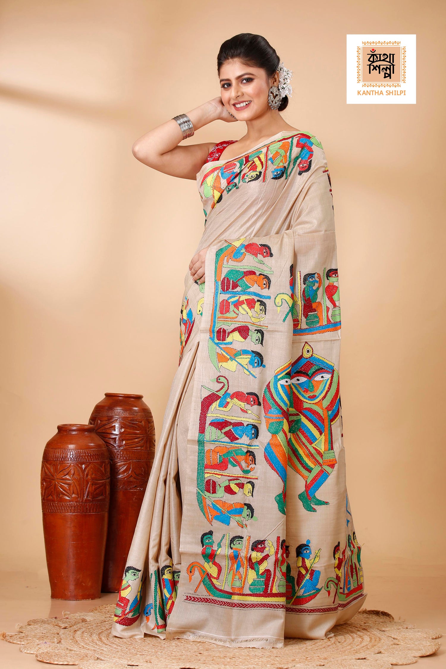 Gachi Tussar Multicolor Thread Work Maa Durga Theme Kantha Stitch Saree