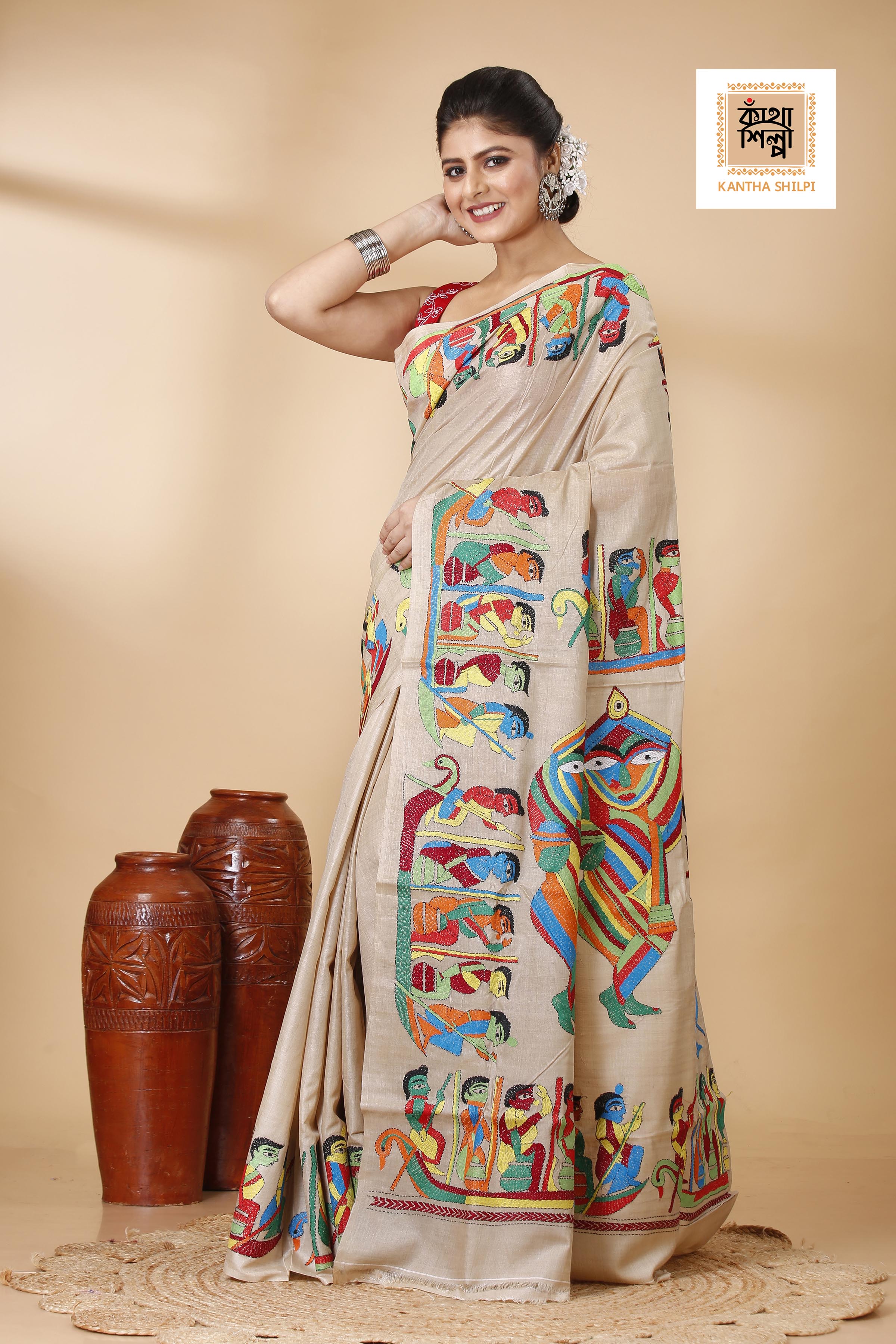 Gachi Tussar Multicolor Thread Work Maa Durga Theme Kantha Stitch Saree