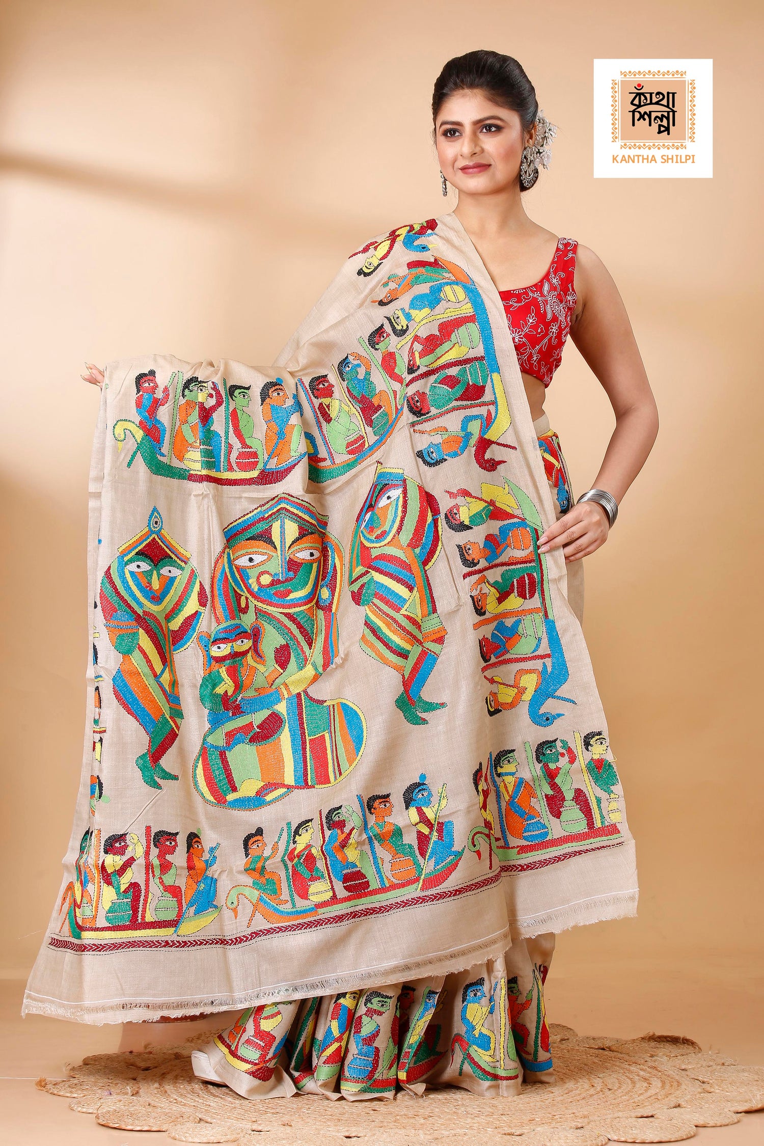 Gachi Tussar Multicolor Thread Work Maa Durga Theme Kantha Stitch Saree