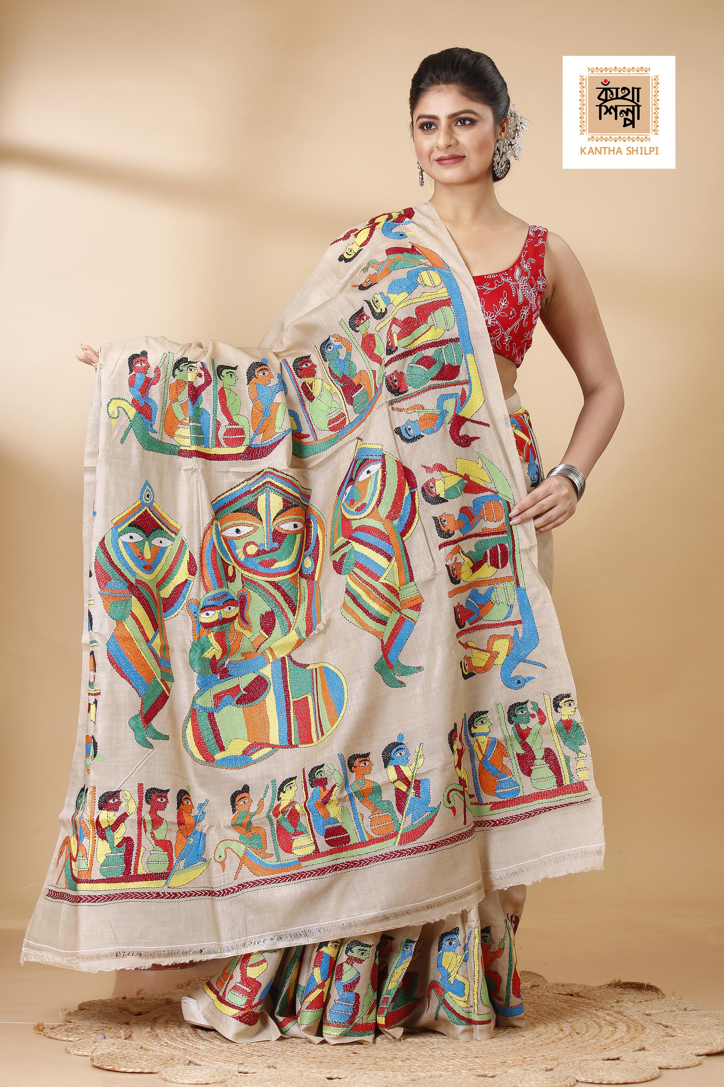 Gachi Tussar Multicolor Thread Work Maa Durga Theme Kantha Stitch Saree
