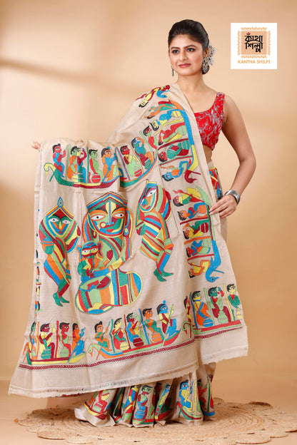 Gachi Tussar Multicolor Thread Work Maa Durga Theme Kantha Stitch Saree