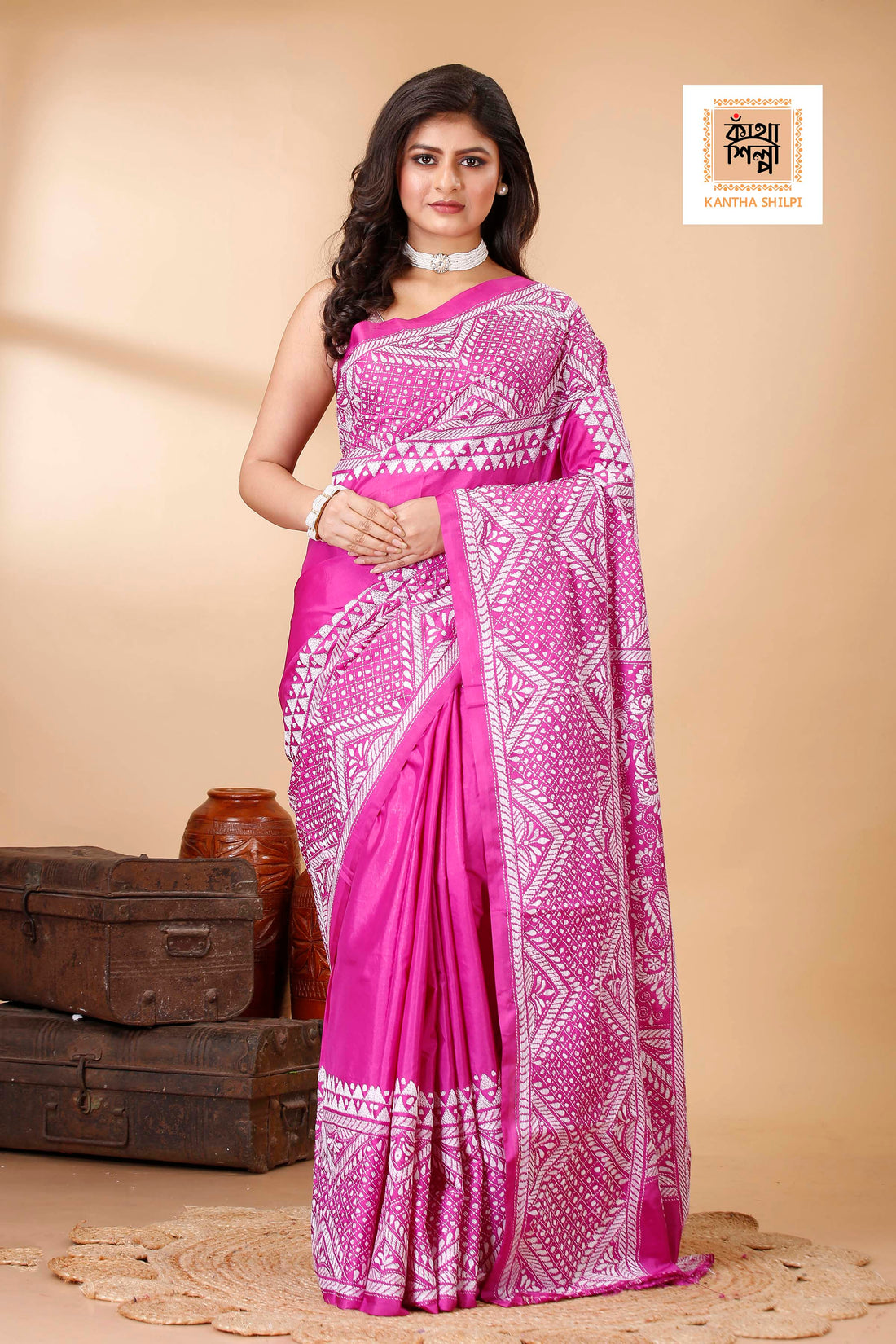 Bangalore Silk Single Thread Work Geometric Kantha Stitch Saree