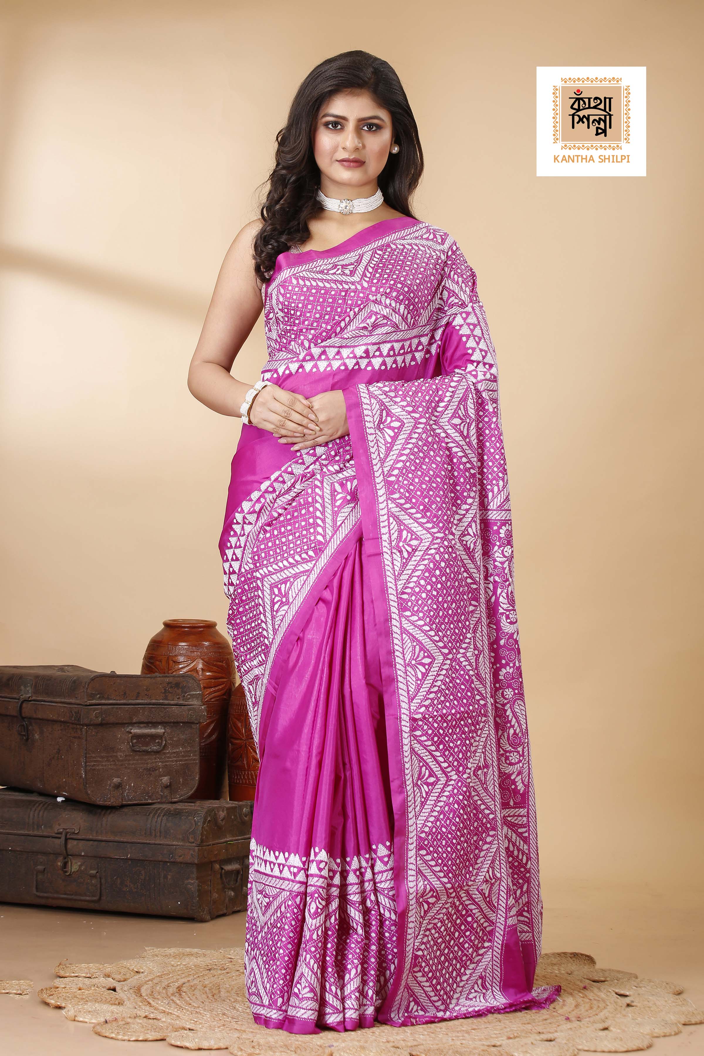 Bangalore Silk Single Thread Work Geometric Kantha Stitch Saree