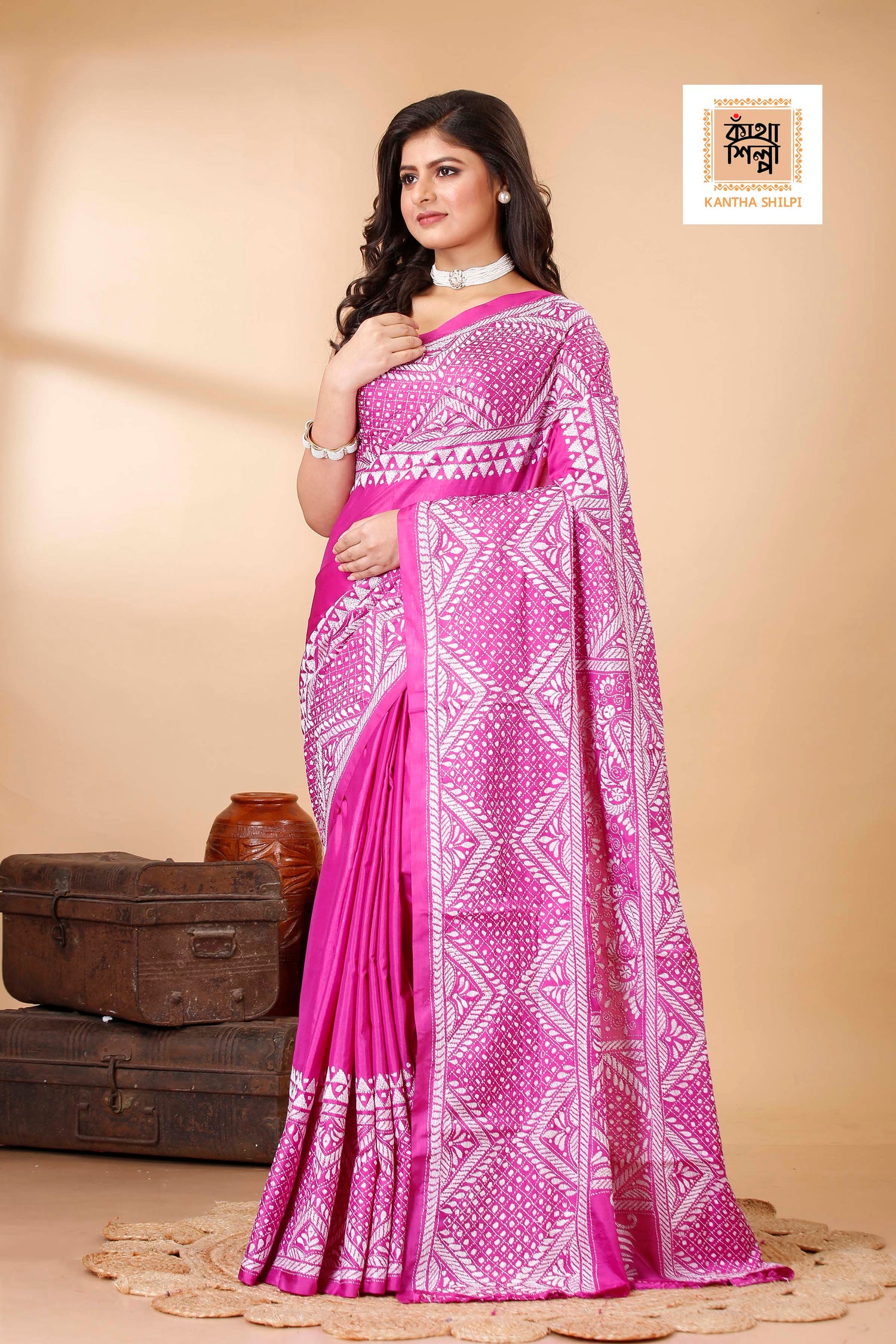 Bangalore Silk Single Thread Work Geometric Kantha Stitch Saree