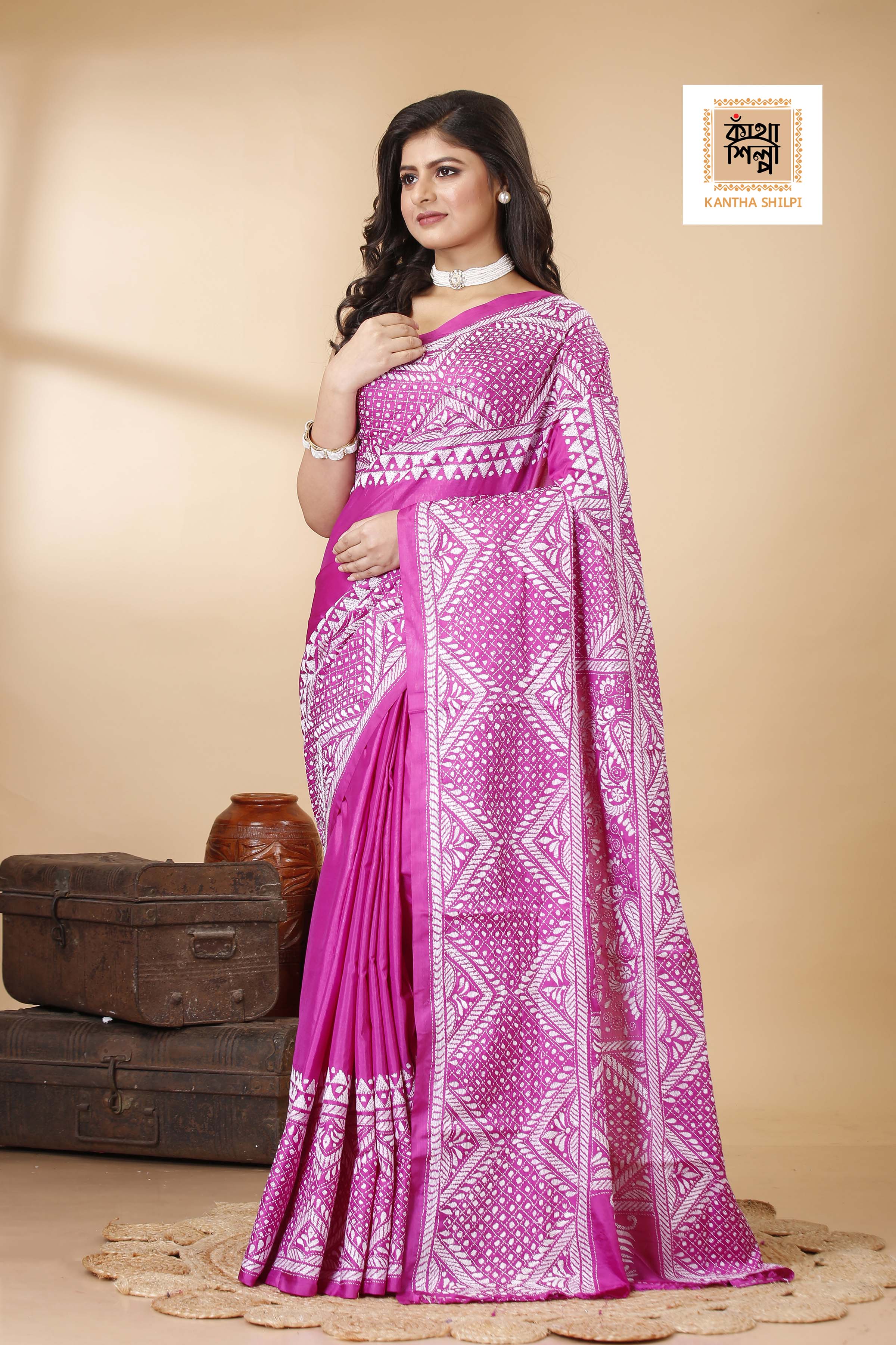Bangalore Silk Single Thread Work Geometric Kantha Stitch Saree