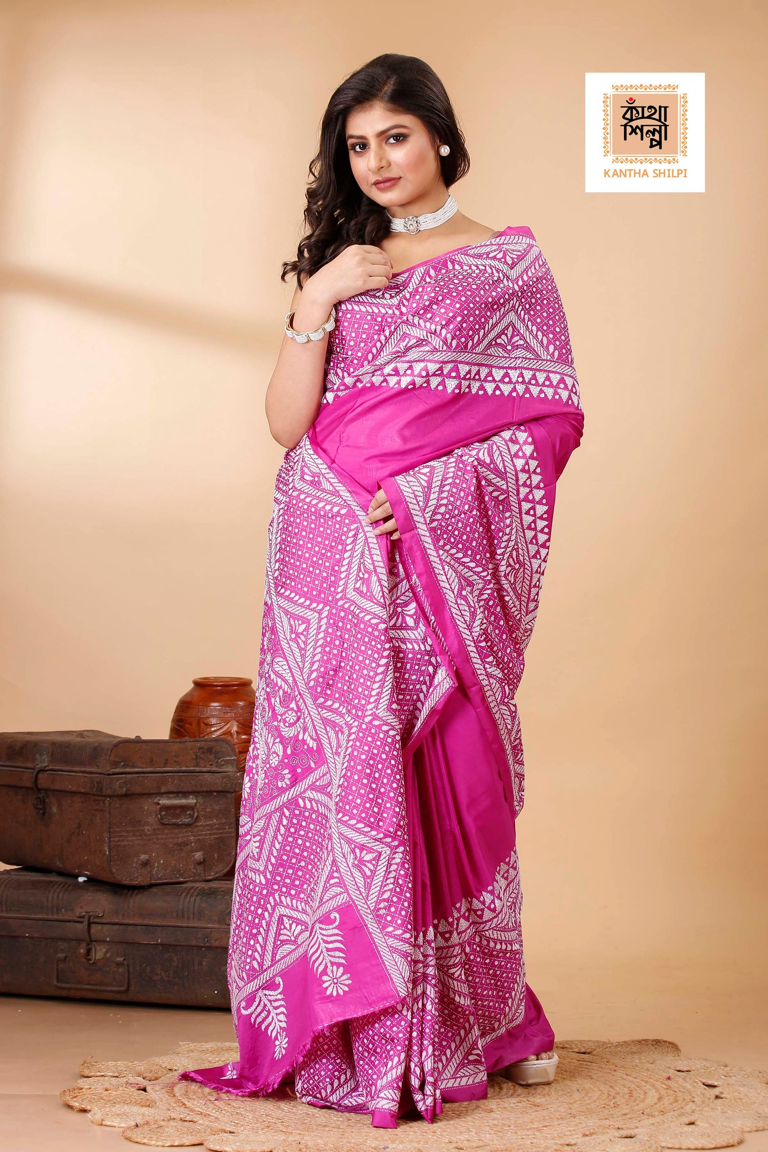 Bangalore Silk Single Thread Work Geometric Kantha Stitch Saree