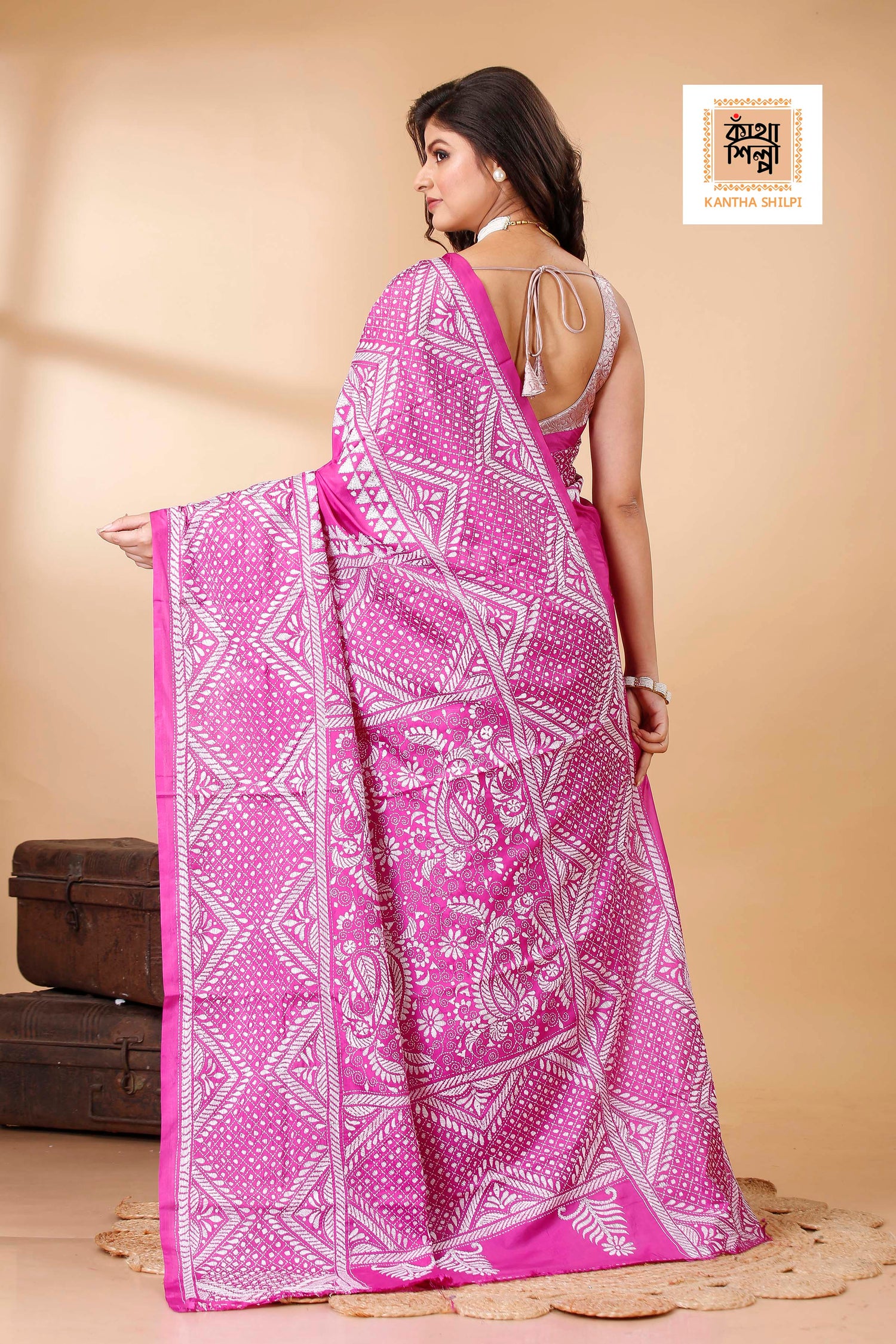 Bangalore Silk Single Thread Work Geometric Kantha Stitch Saree