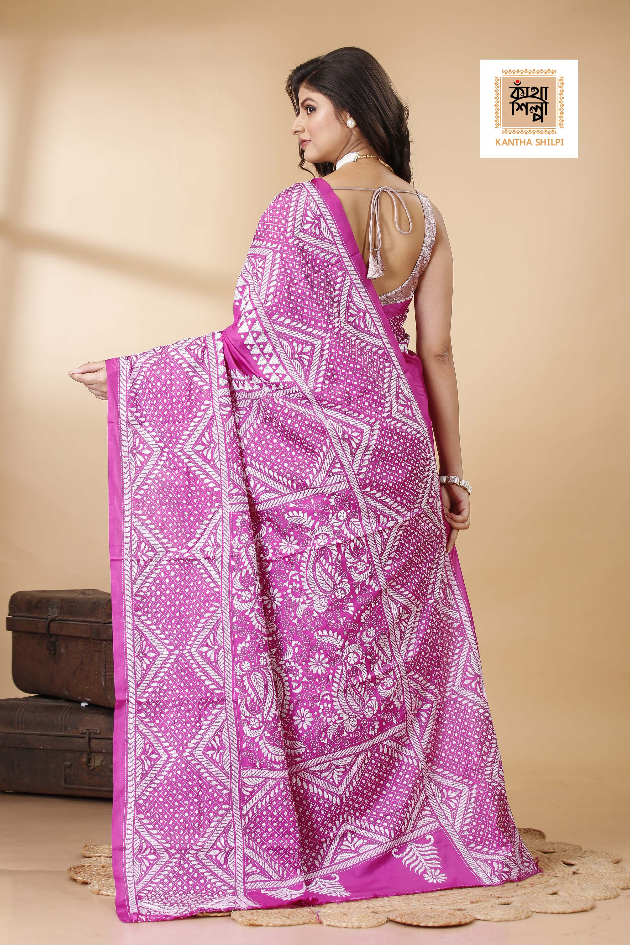 Bangalore Silk Single Thread Work Geometric Kantha Stitch Saree