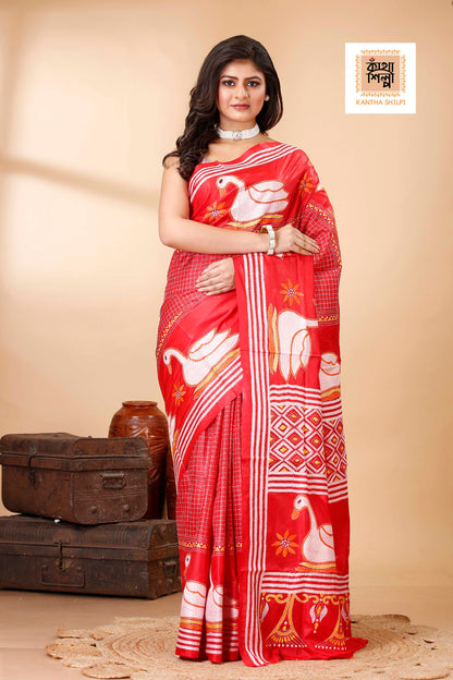 Red Pure Bangalore Silk Multicolor Thread Work Duck Motif Kantha Stitch Saree