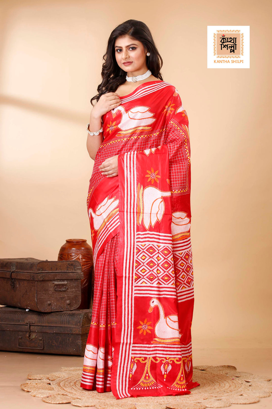 Red Pure Bangalore Silk Multicolor Thread Work Duck Motif Kantha Stitch Saree