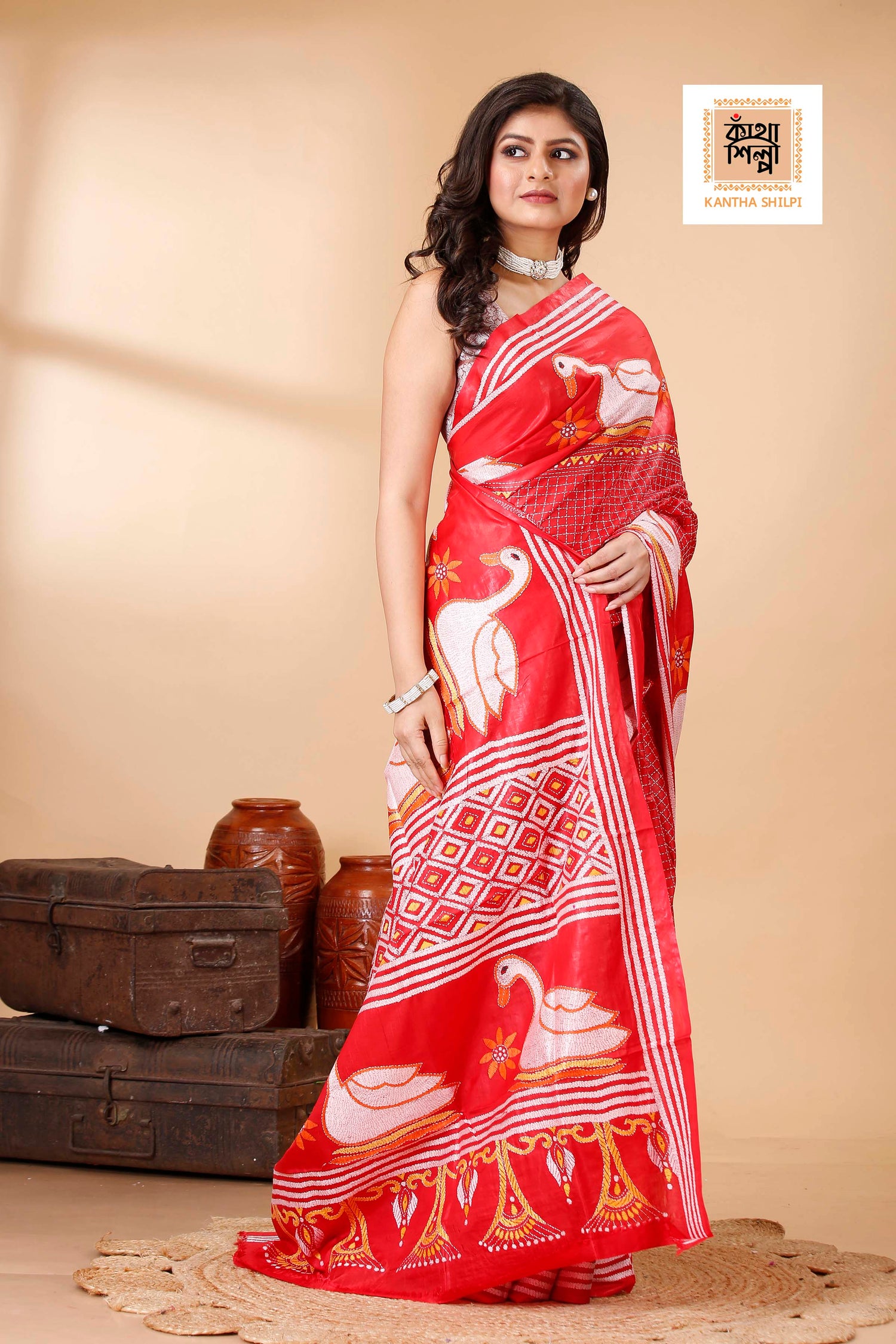 Red Pure Bangalore Silk Multicolor Thread Work Duck Motif Kantha Stitch Saree