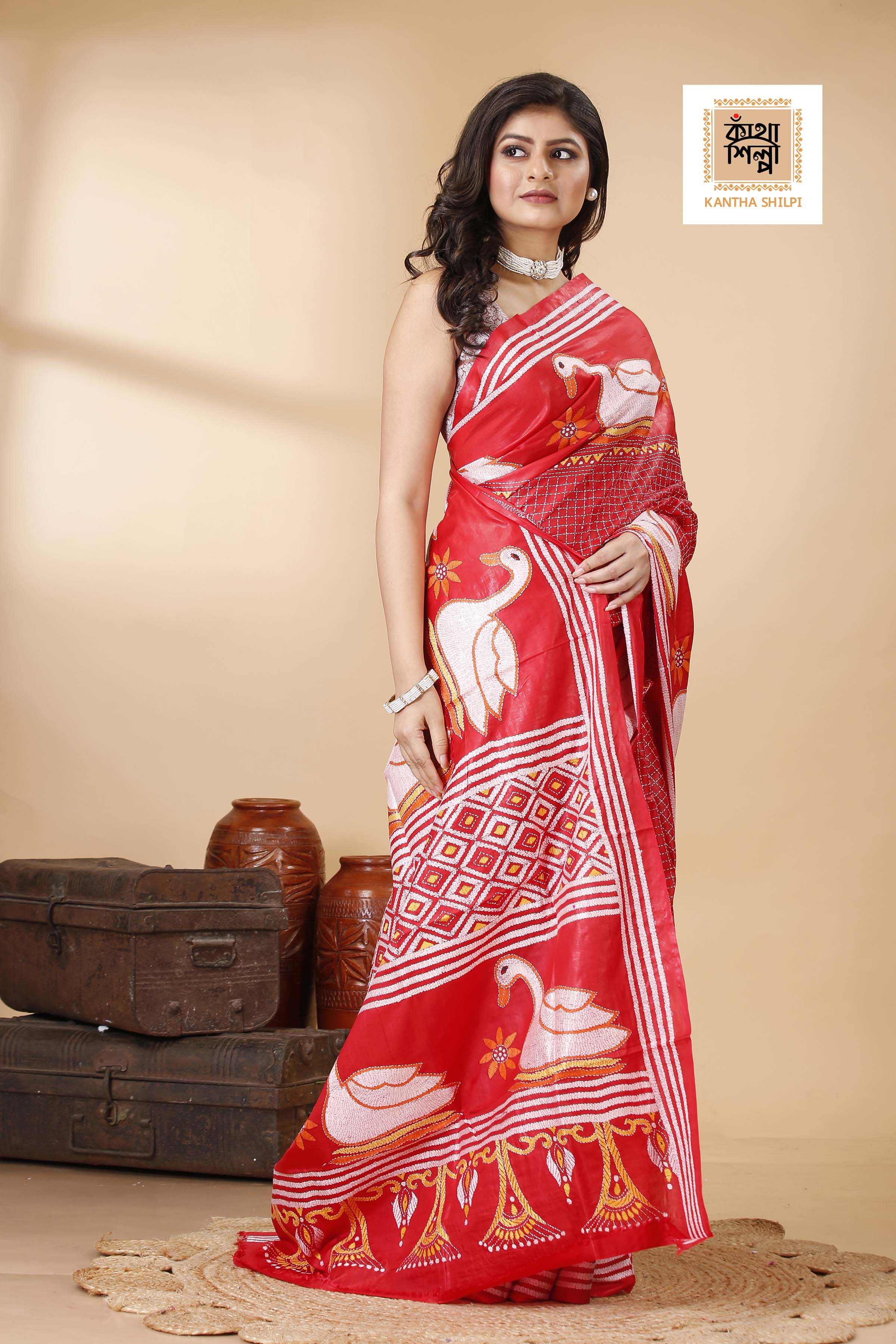 Red Pure Bangalore Silk Multicolor Thread Work Duck Motif Kantha Stitch Saree