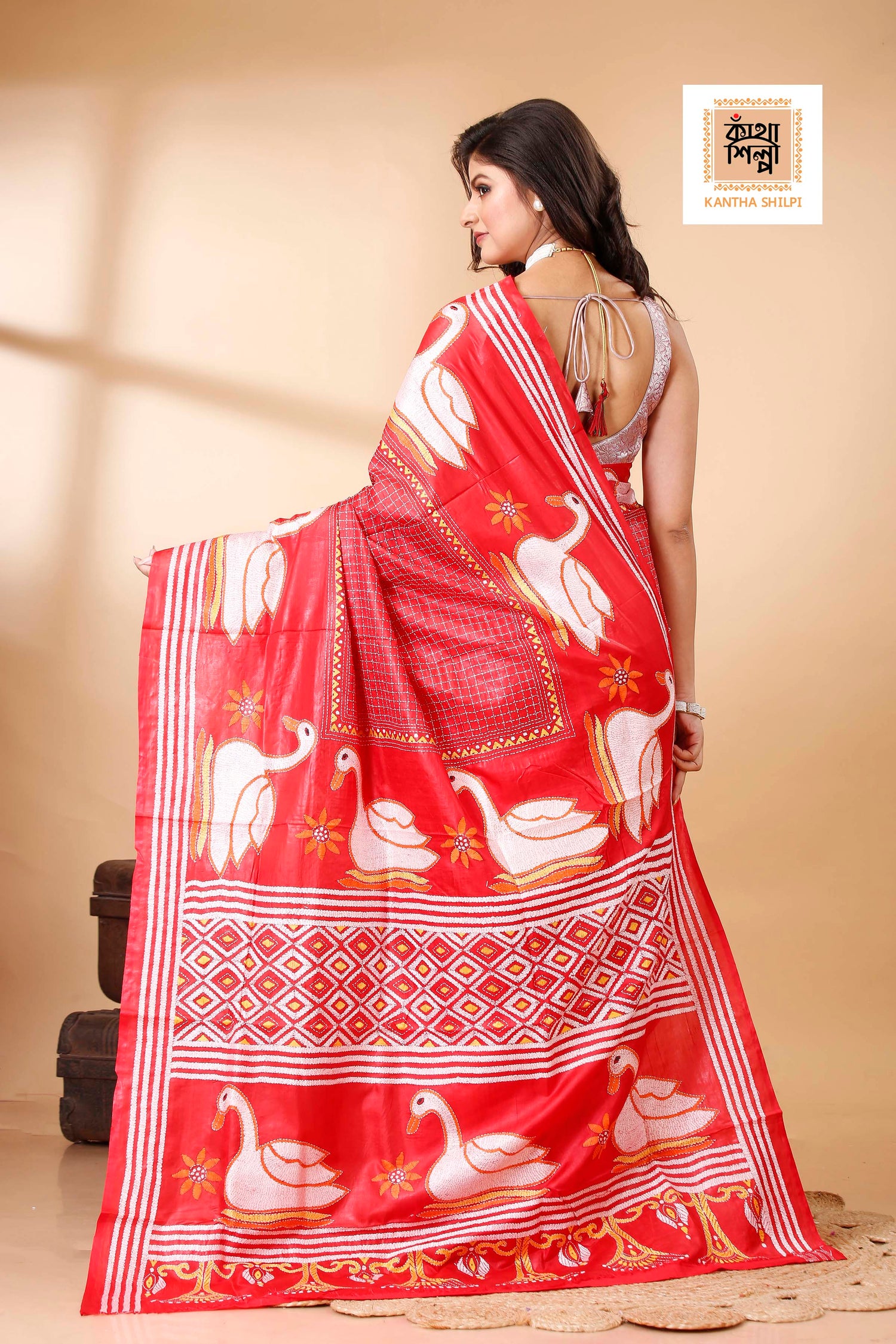 Red Pure Bangalore Silk Multicolor Thread Work Duck Motif Kantha Stitch Saree