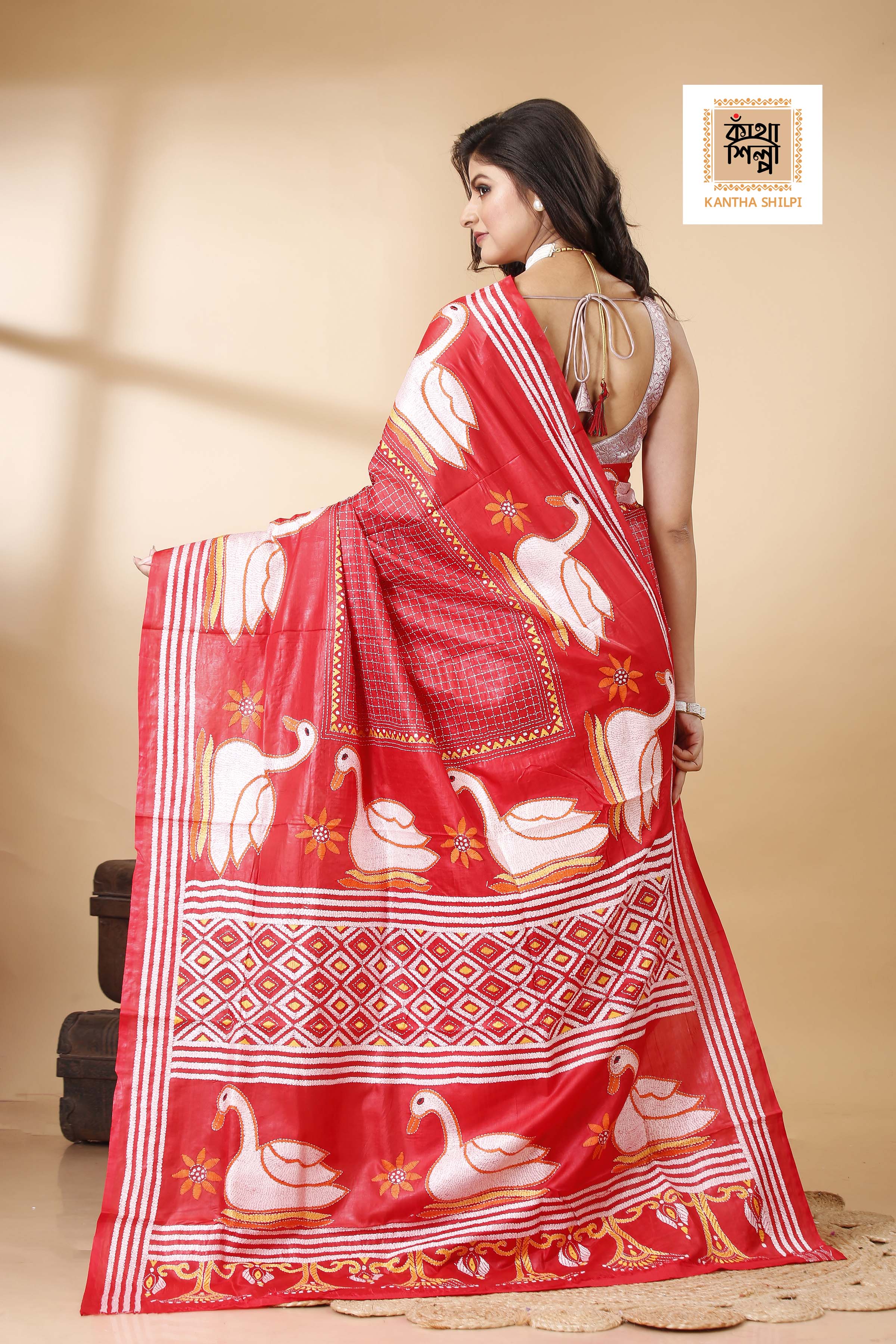 Red Pure Bangalore Silk Multicolor Thread Work Duck Motif Kantha Stitch Saree