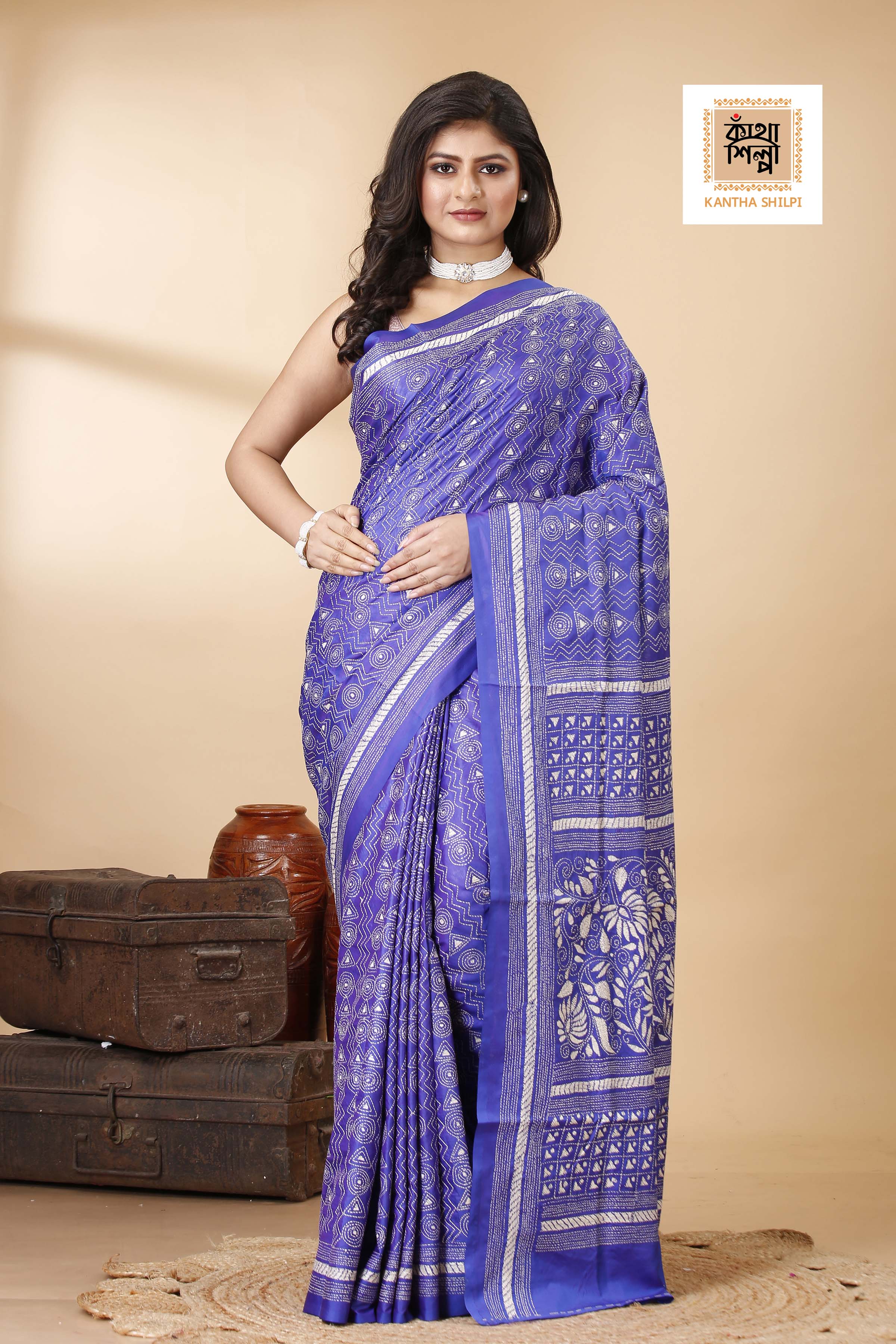 Bangalore Silk Single Thread Work Kantha Stitch Saree