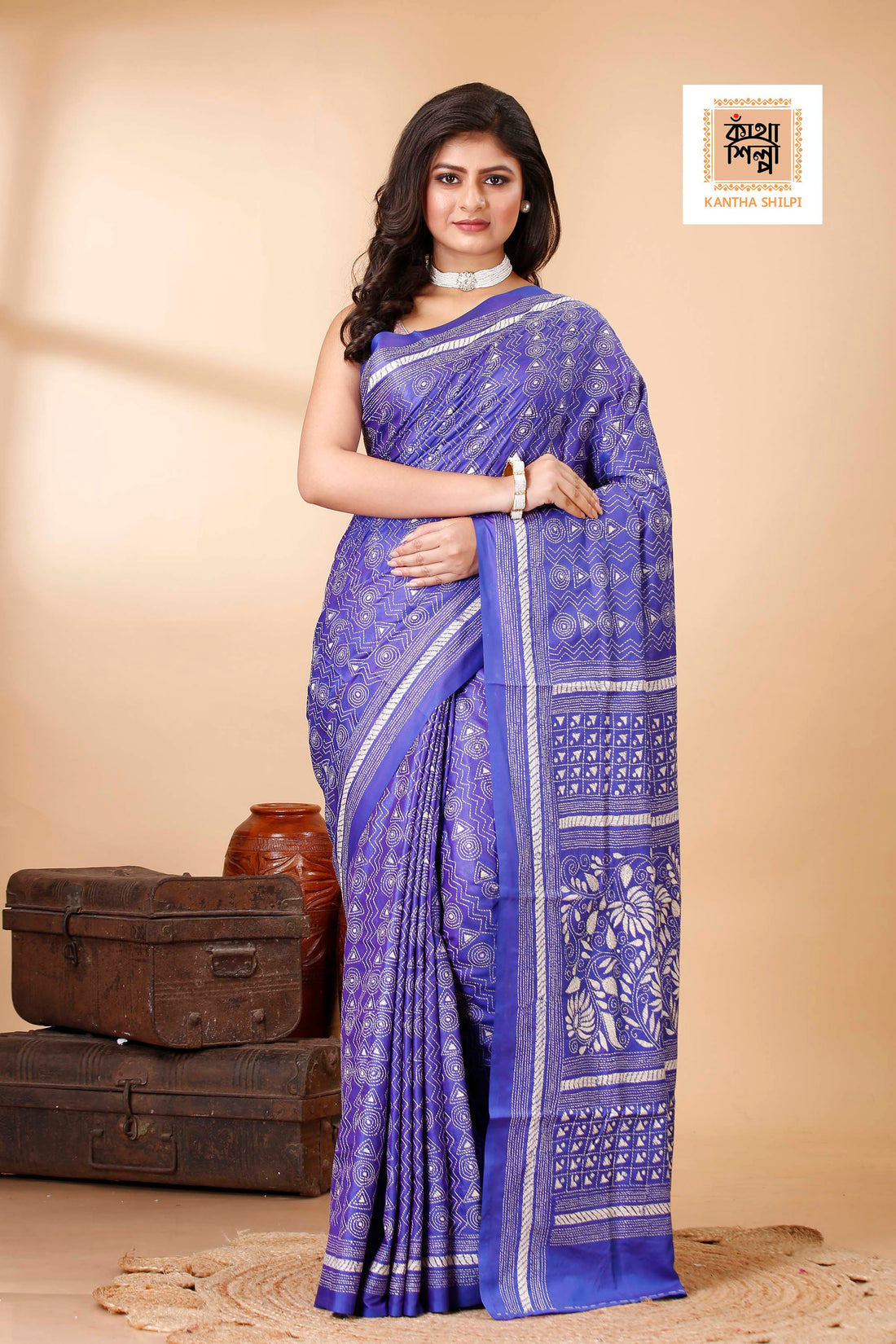 Bangalore Silk Single Thread Work Kantha Stitch Saree