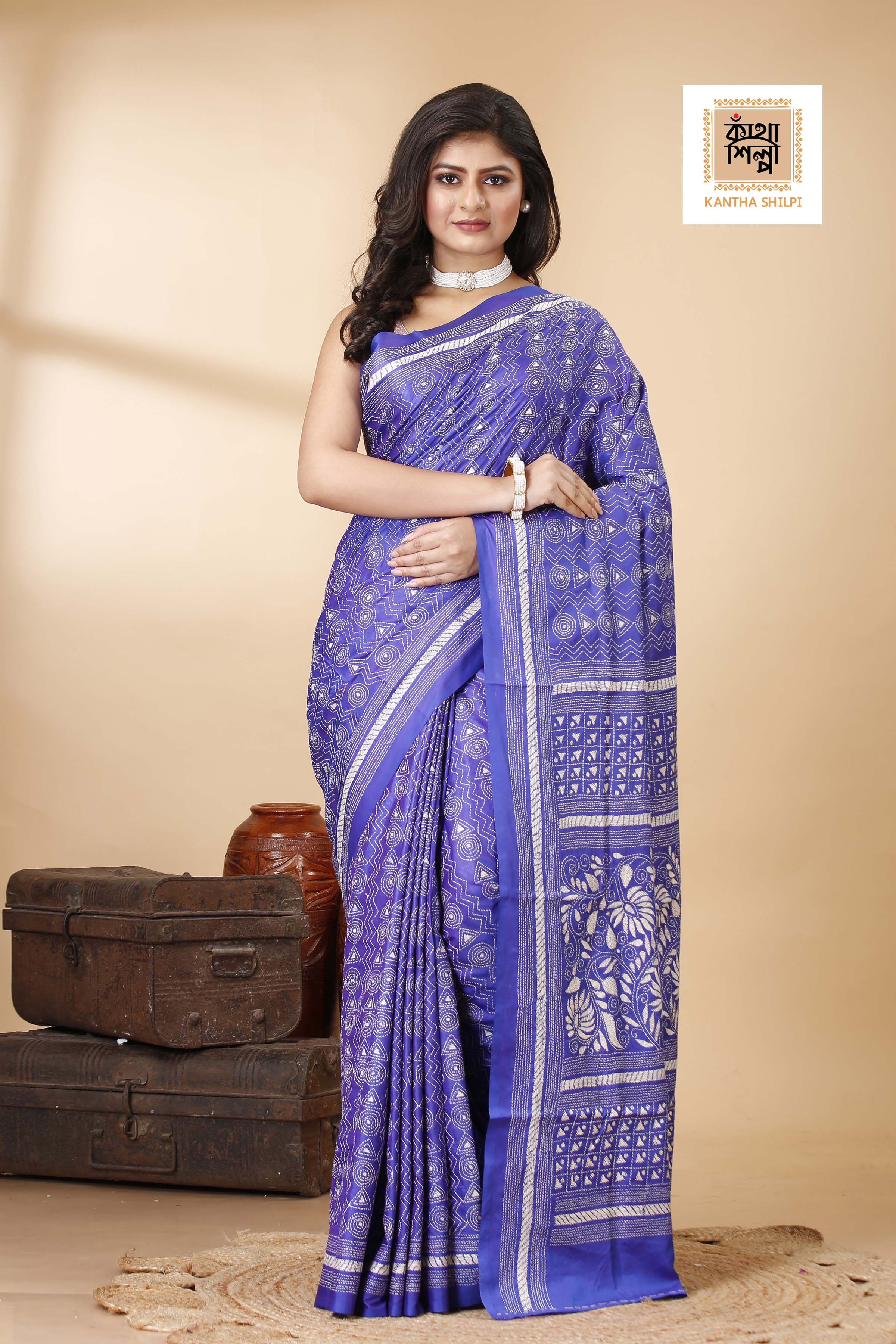 Bangalore Silk Single Thread Work Kantha Stitch Saree